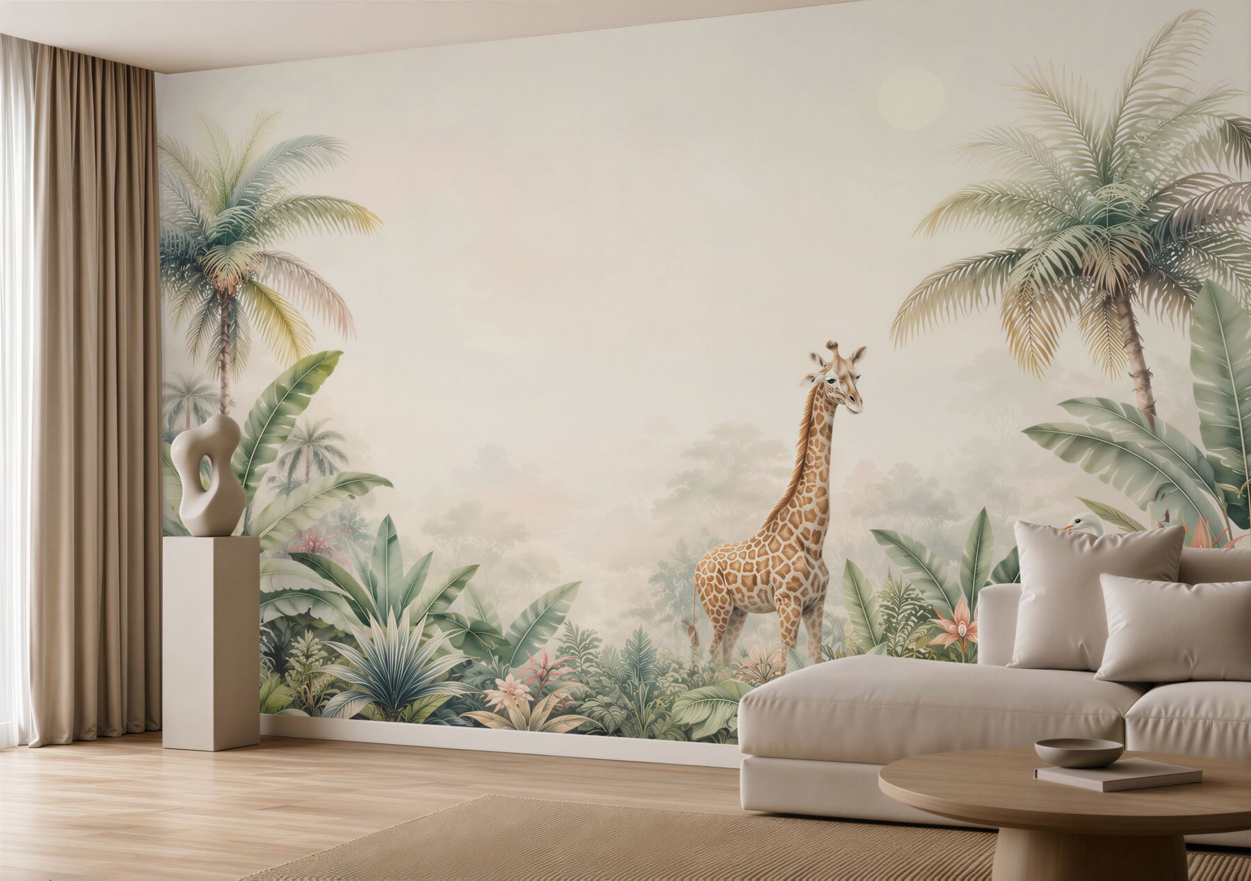 Fototapeta żyrafa wśród palm i egzotycznych roślin pastelowa safari?v23