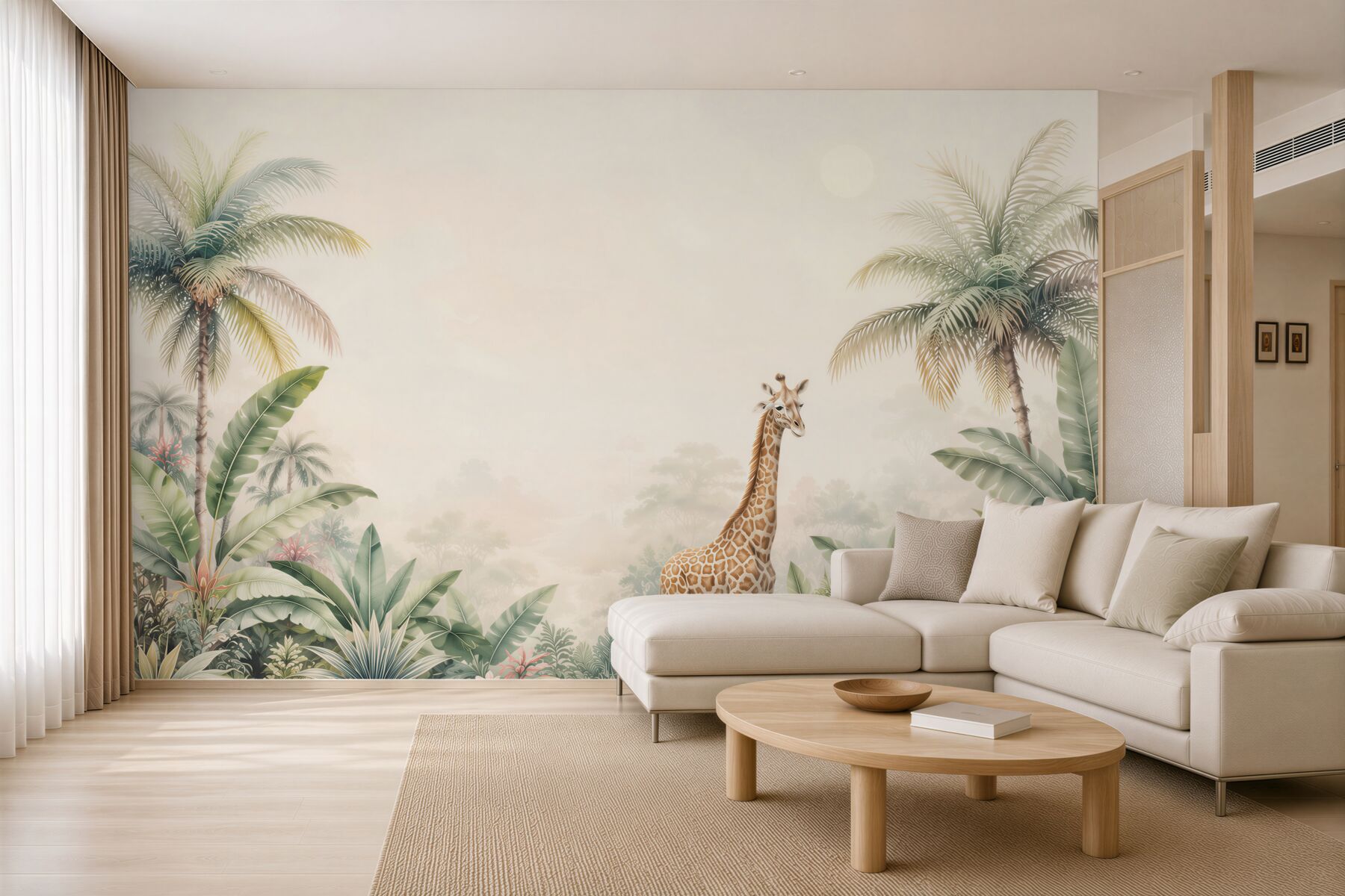 Fototapeta żyrafa wśród palm i egzotycznych roślin pastelowa safari?v23