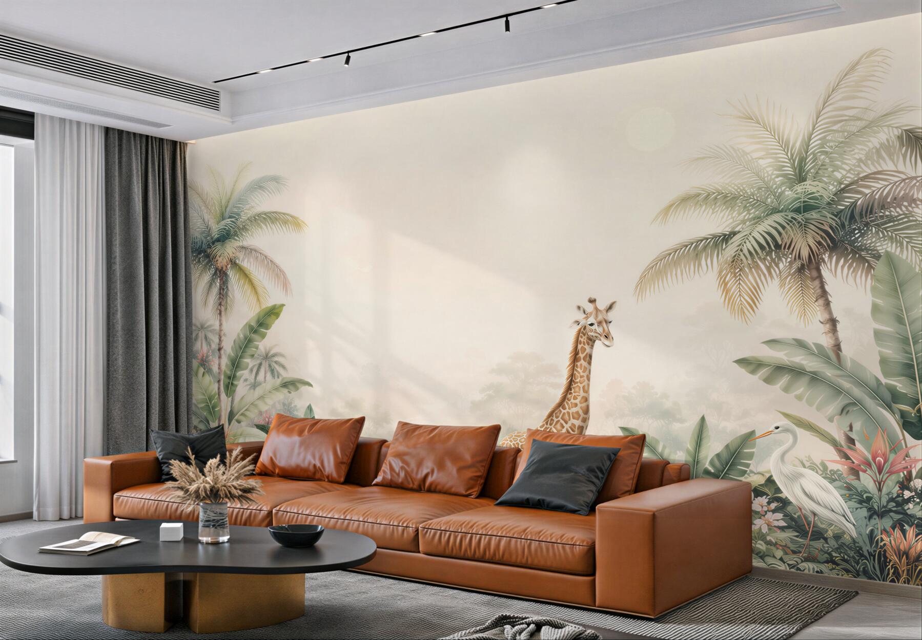 Fototapeta żyrafa wśród palm i egzotycznych roślin pastelowa safari?v23