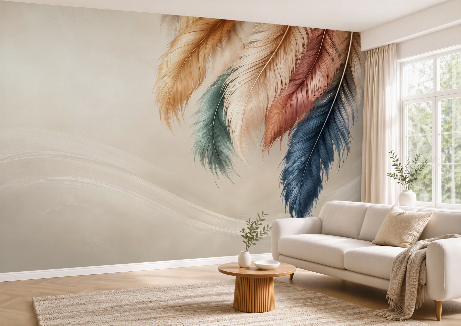 Fototapeta kolorowe pióra boho na beżowym tle?v23
