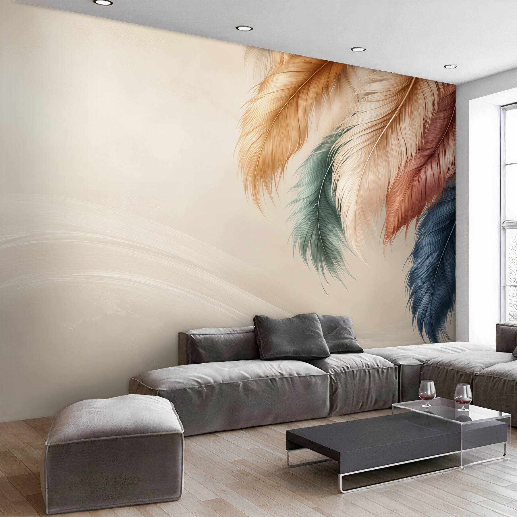 Fototapeta kolorowe pióra boho na beżowym tle?v23