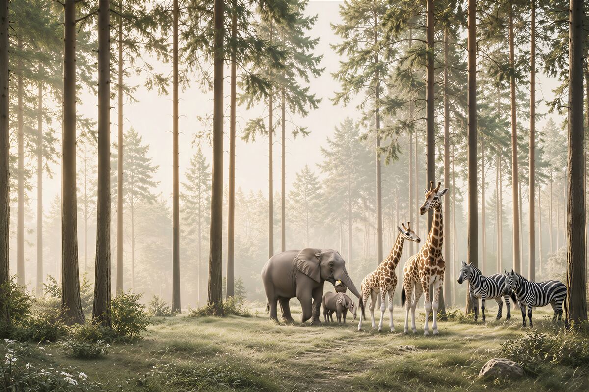 Fototapeta zwierzęta safari w leśnej mgle do pokoju dziecka