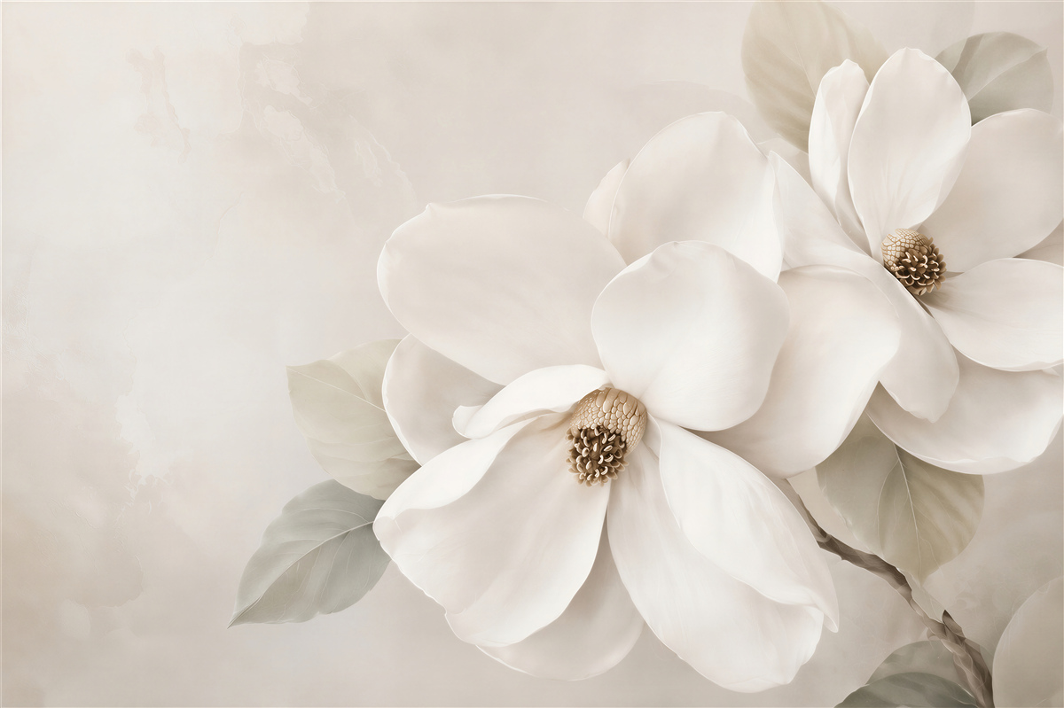 Fototapeta białe magnolie na beżowym tle elegancka do salonu