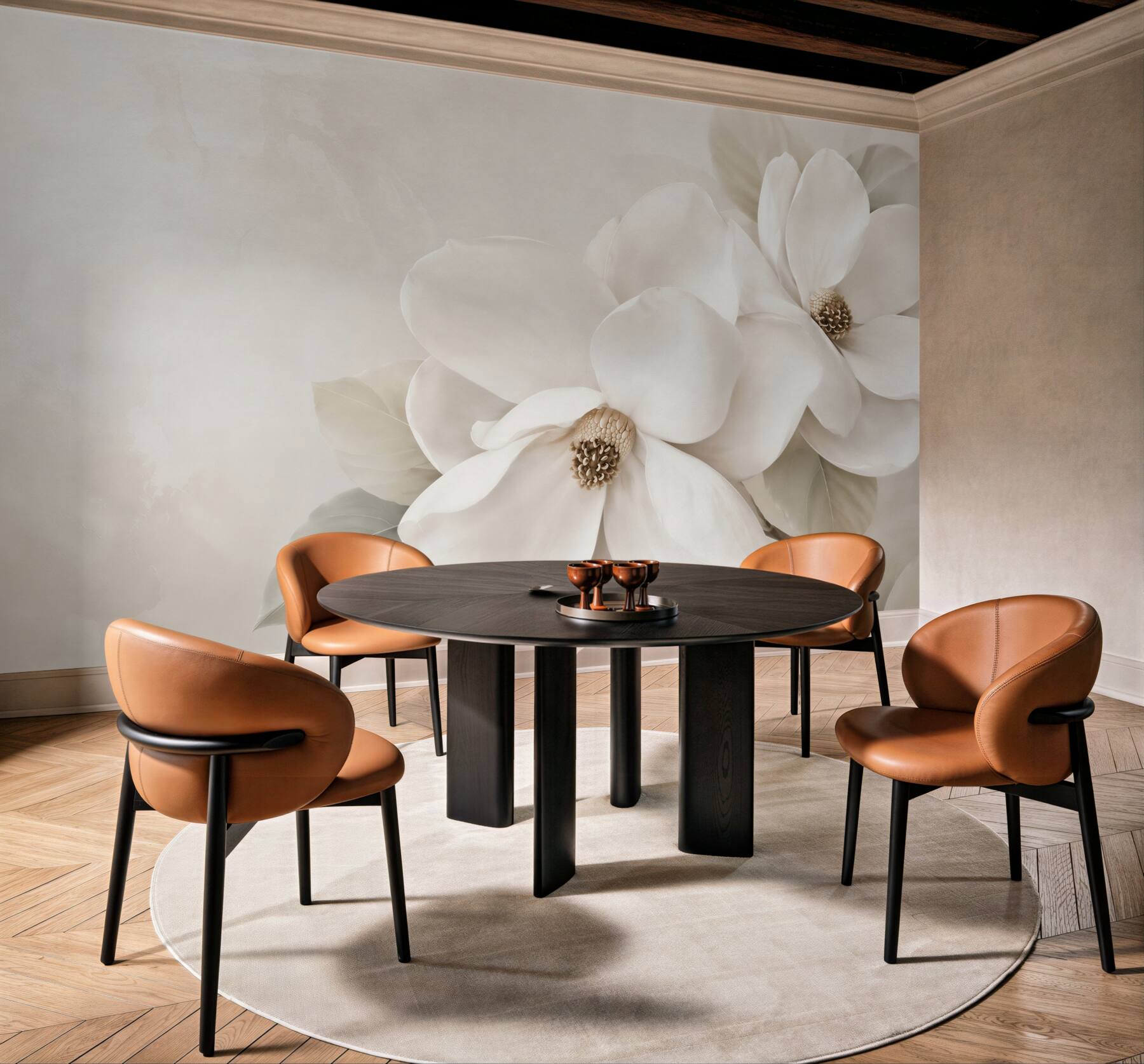 Fototapeta białe magnolie na beżowym tle elegancka do salonu?v23