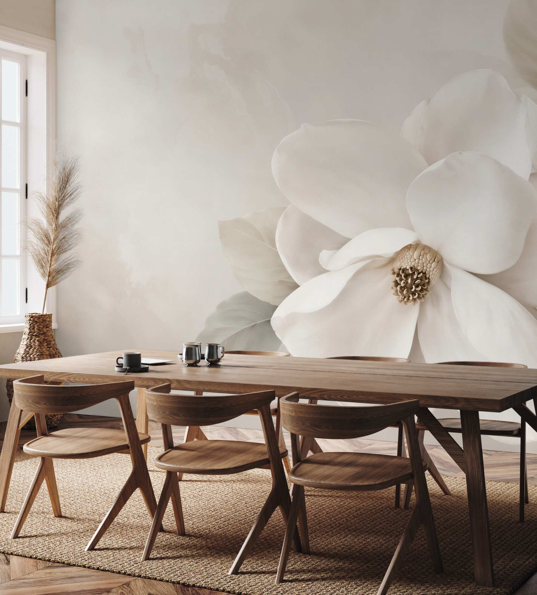 Fototapeta białe magnolie na beżowym tle elegancka do salonu?v23