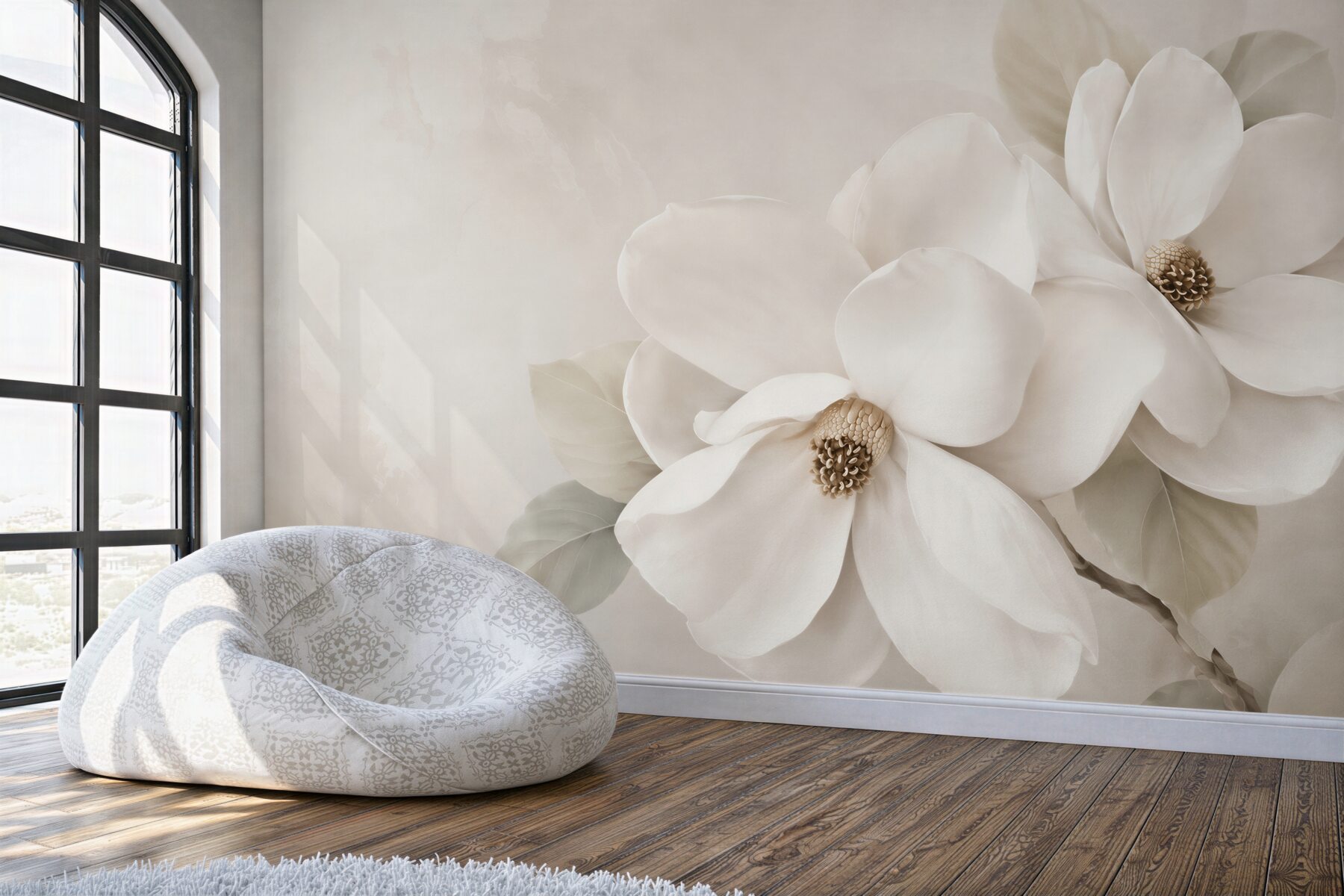 Fototapeta białe magnolie na beżowym tle elegancka do salonu?v23