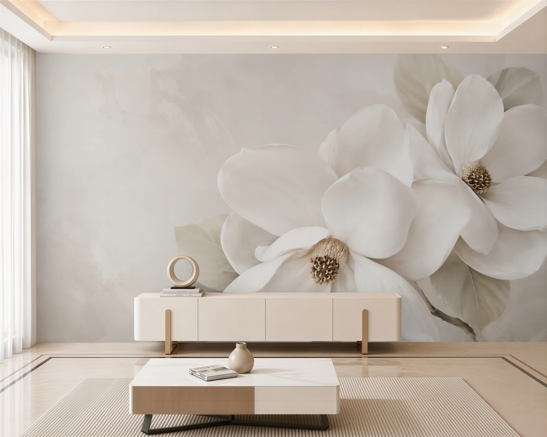Fototapeta białe magnolie na beżowym tle elegancka do salonu?v23