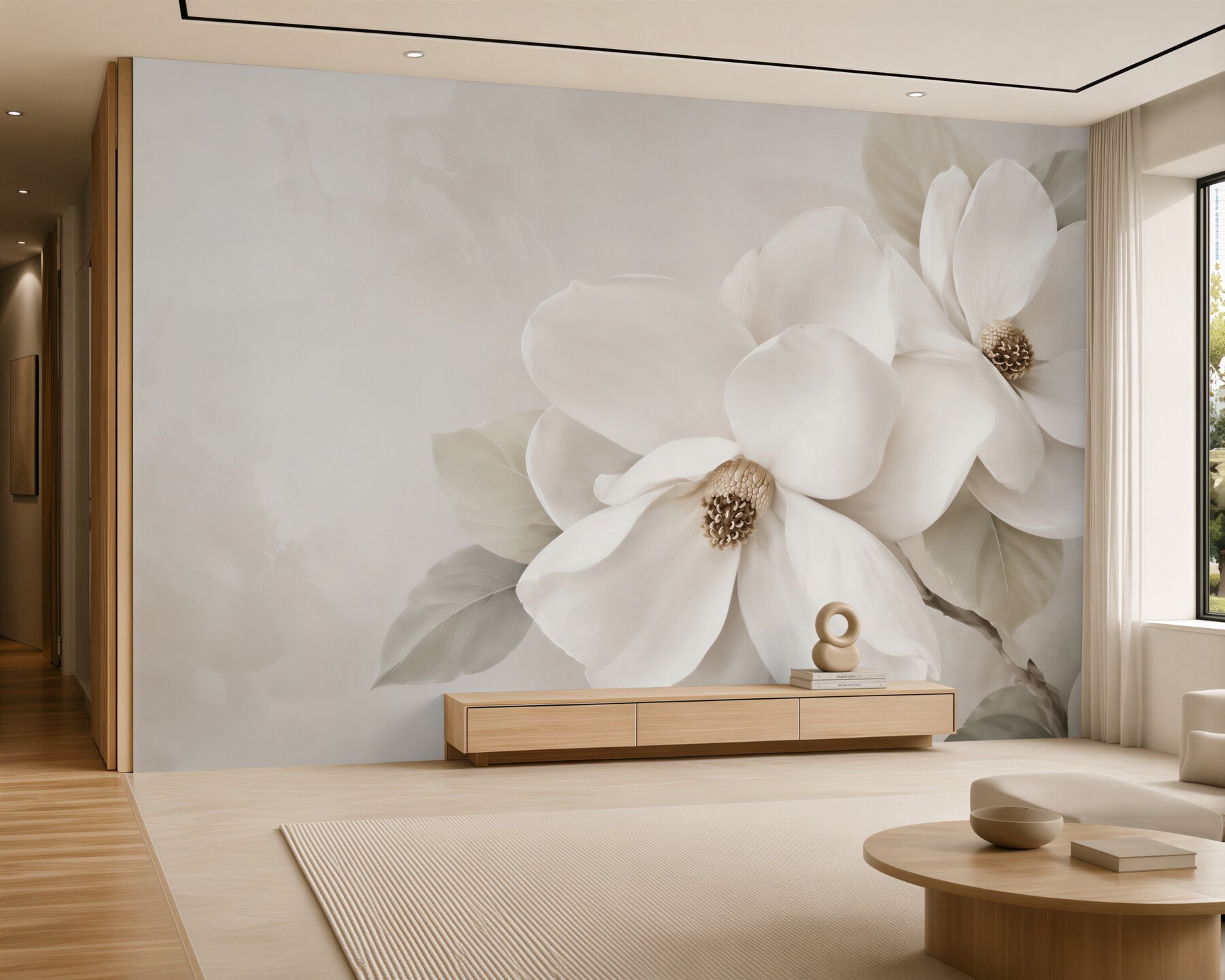 Fototapeta białe magnolie na beżowym tle elegancka do salonu?v23