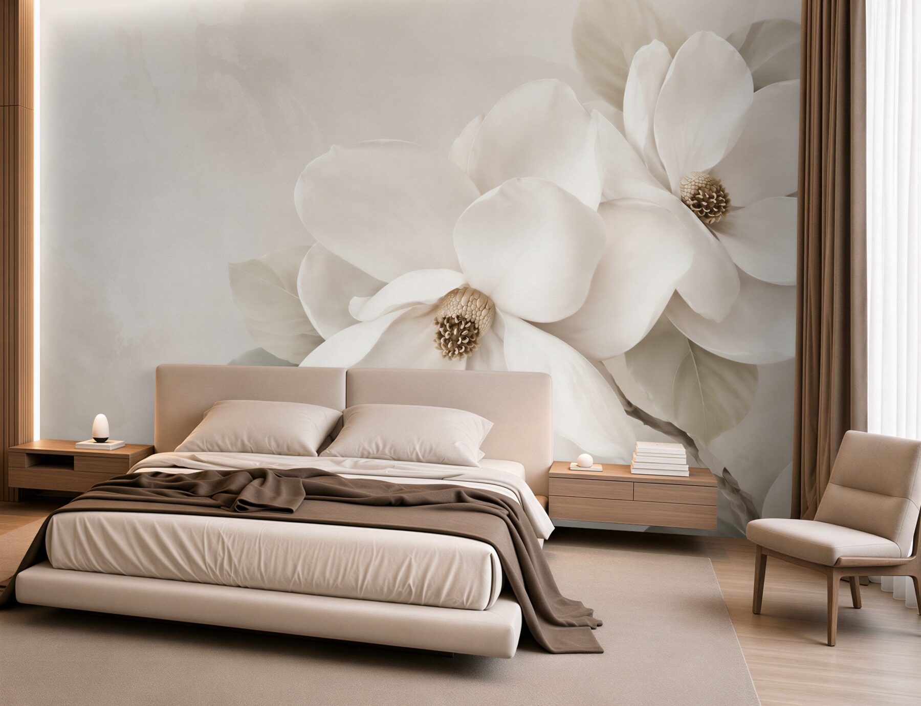Fototapeta białe magnolie na beżowym tle elegancka do salonu?v23