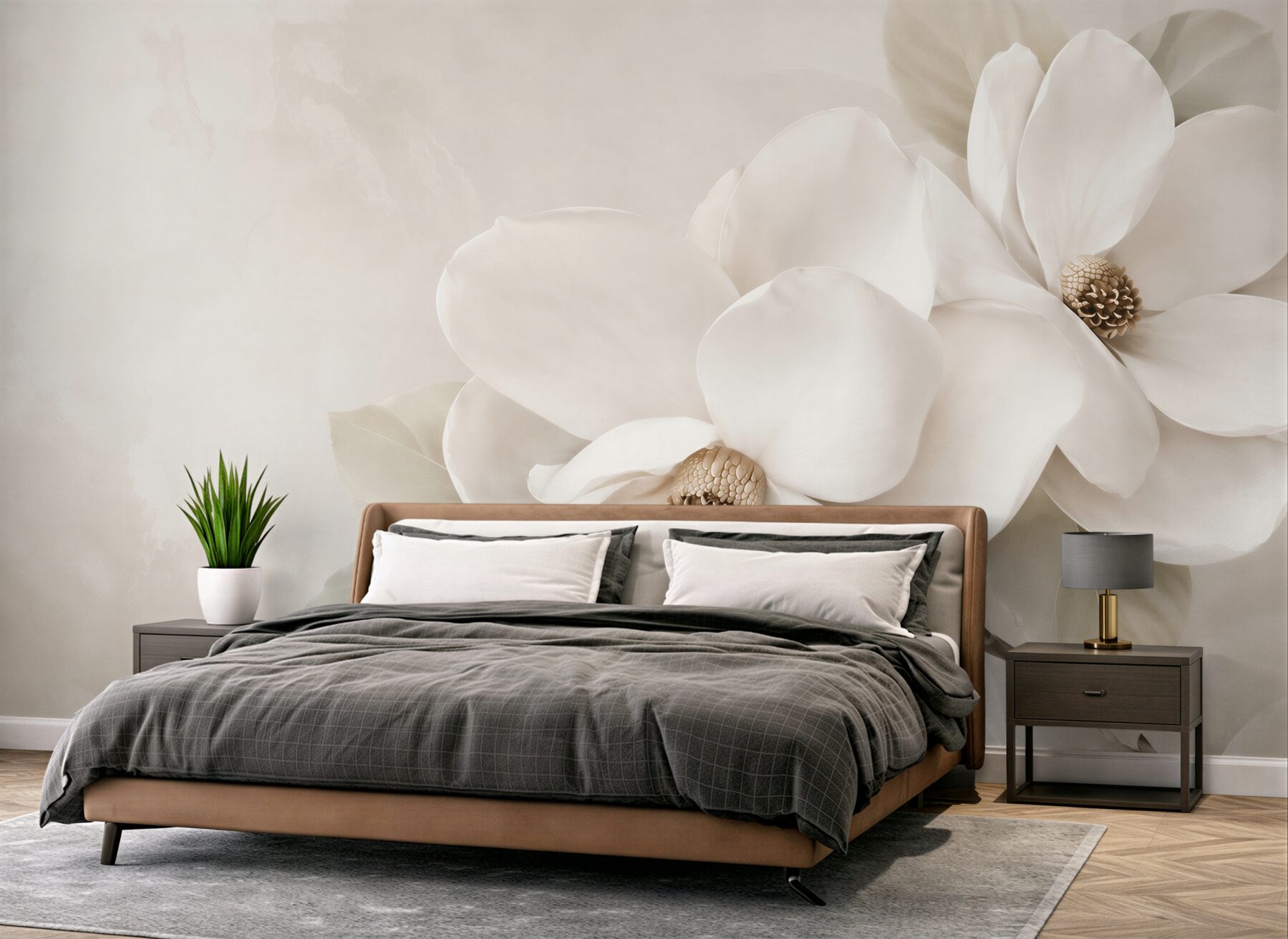 Fototapeta białe magnolie na beżowym tle elegancka do salonu