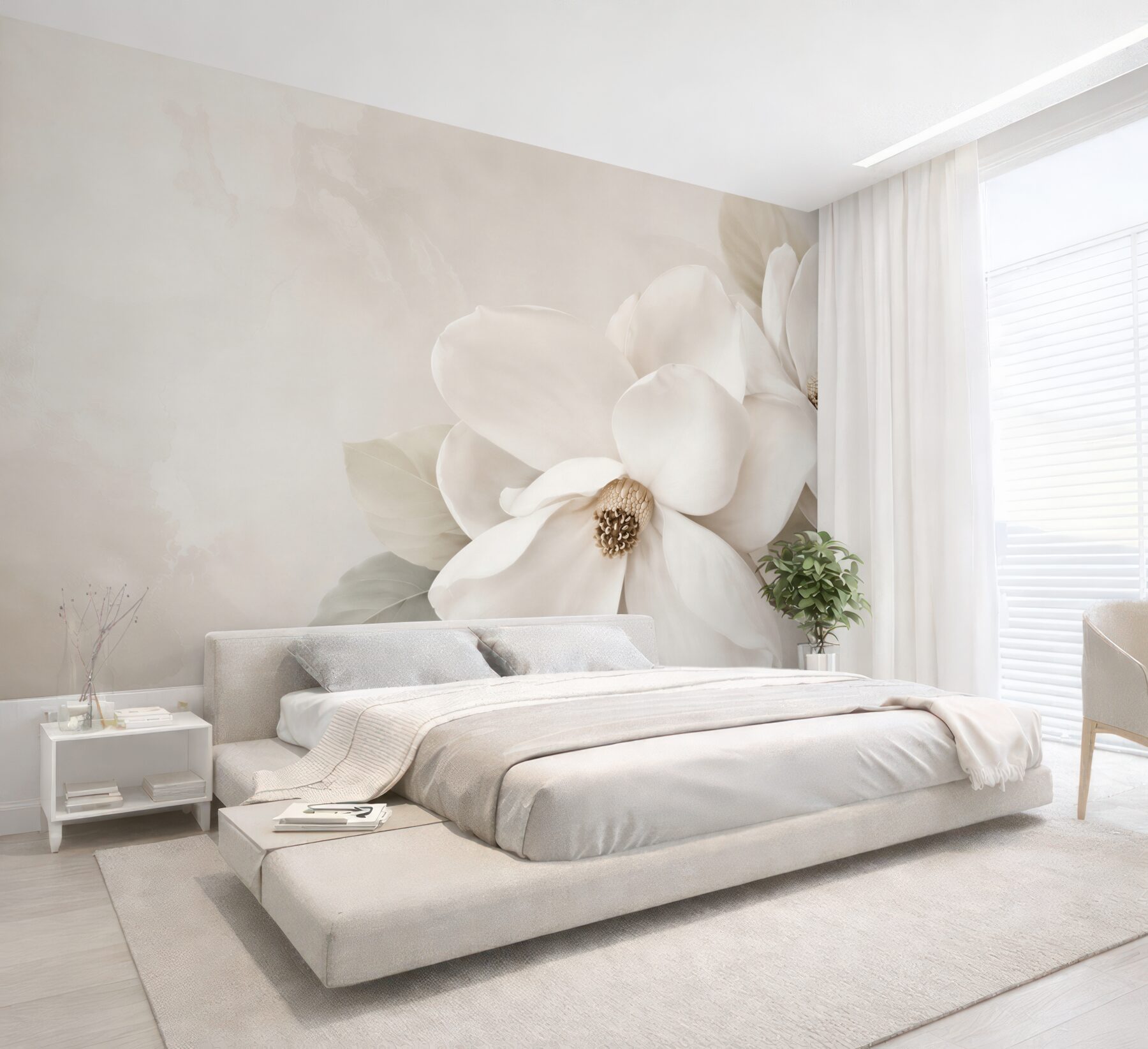 Fototapeta białe magnolie na beżowym tle elegancka do salonu?v23