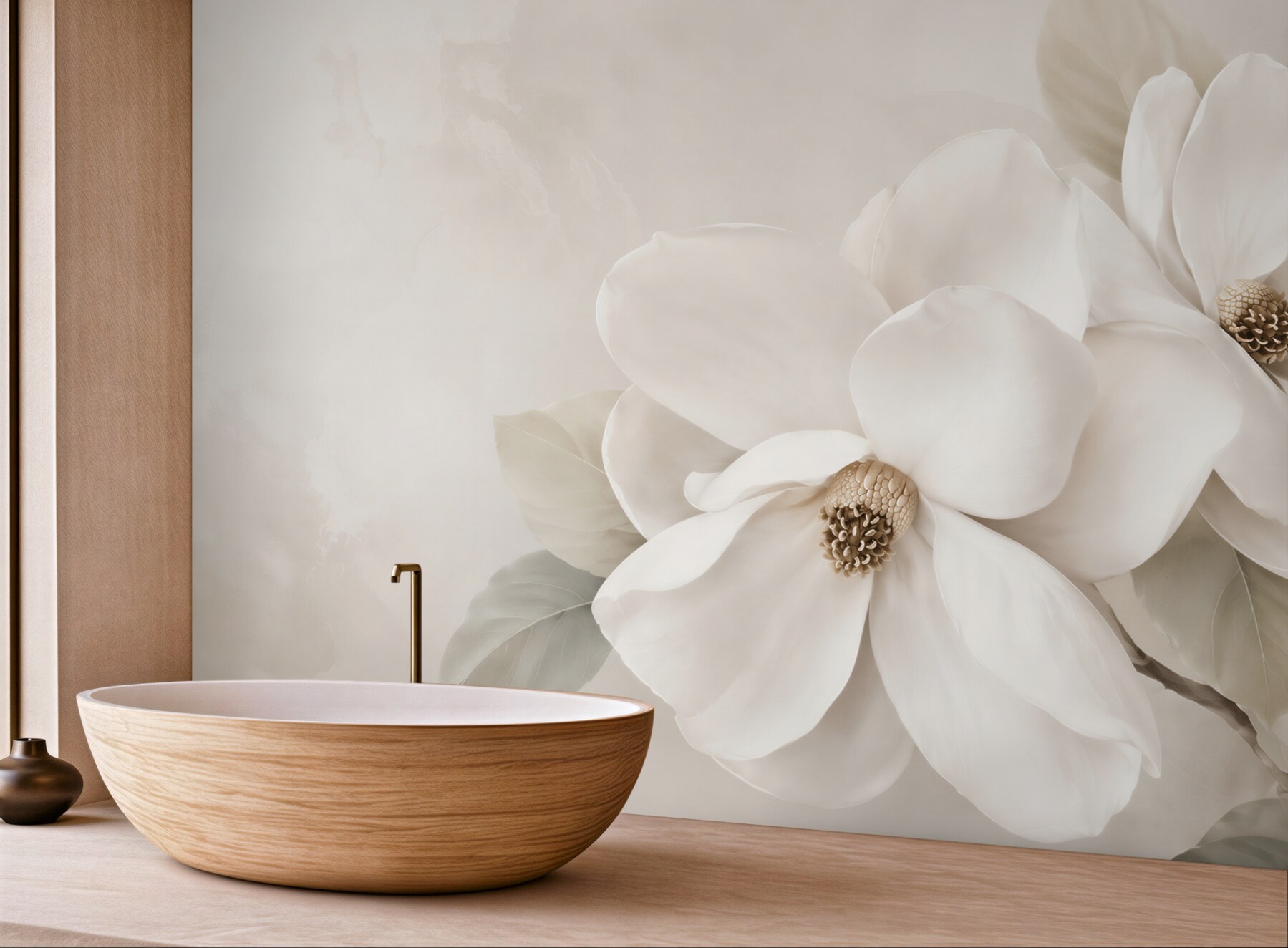 Fototapeta białe magnolie na beżowym tle elegancka do salonu?v23