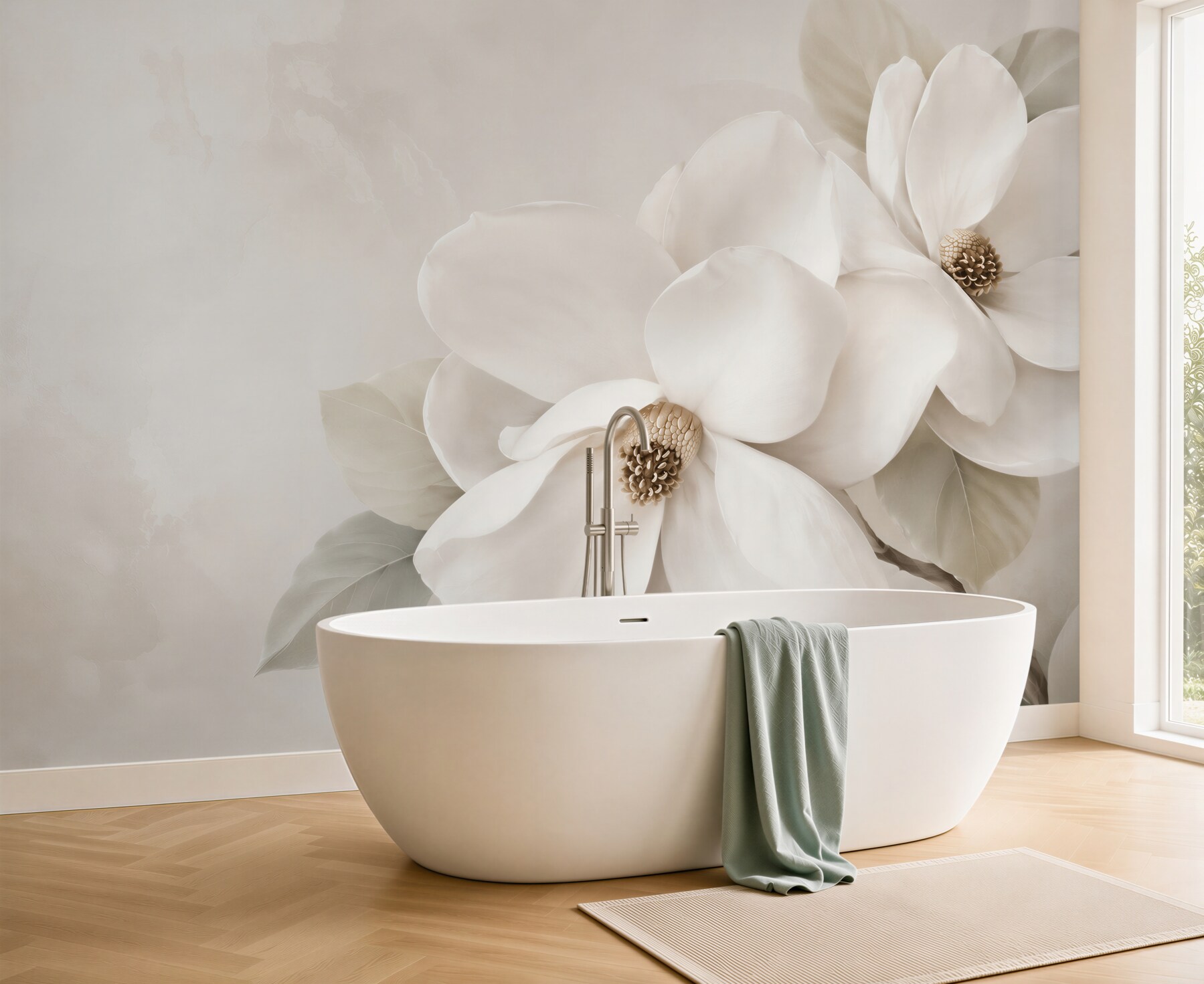 Fototapeta białe magnolie na beżowym tle elegancka do salonu?v23