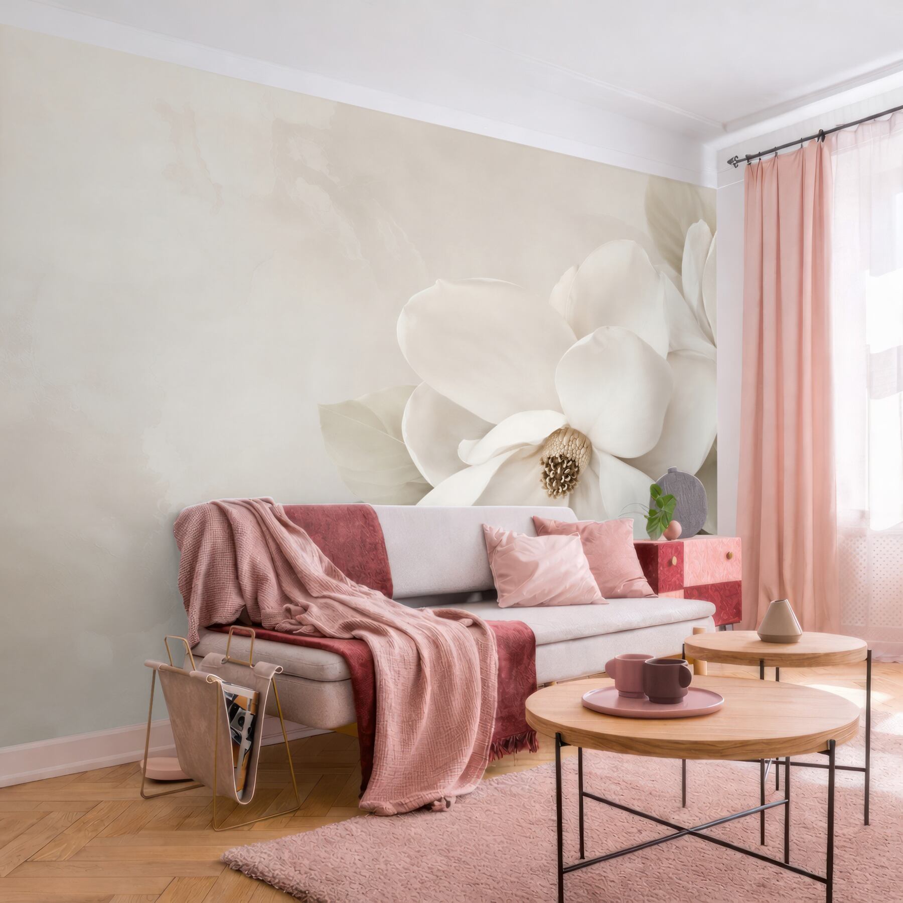 Fototapeta białe magnolie na beżowym tle elegancka do salonu?v23