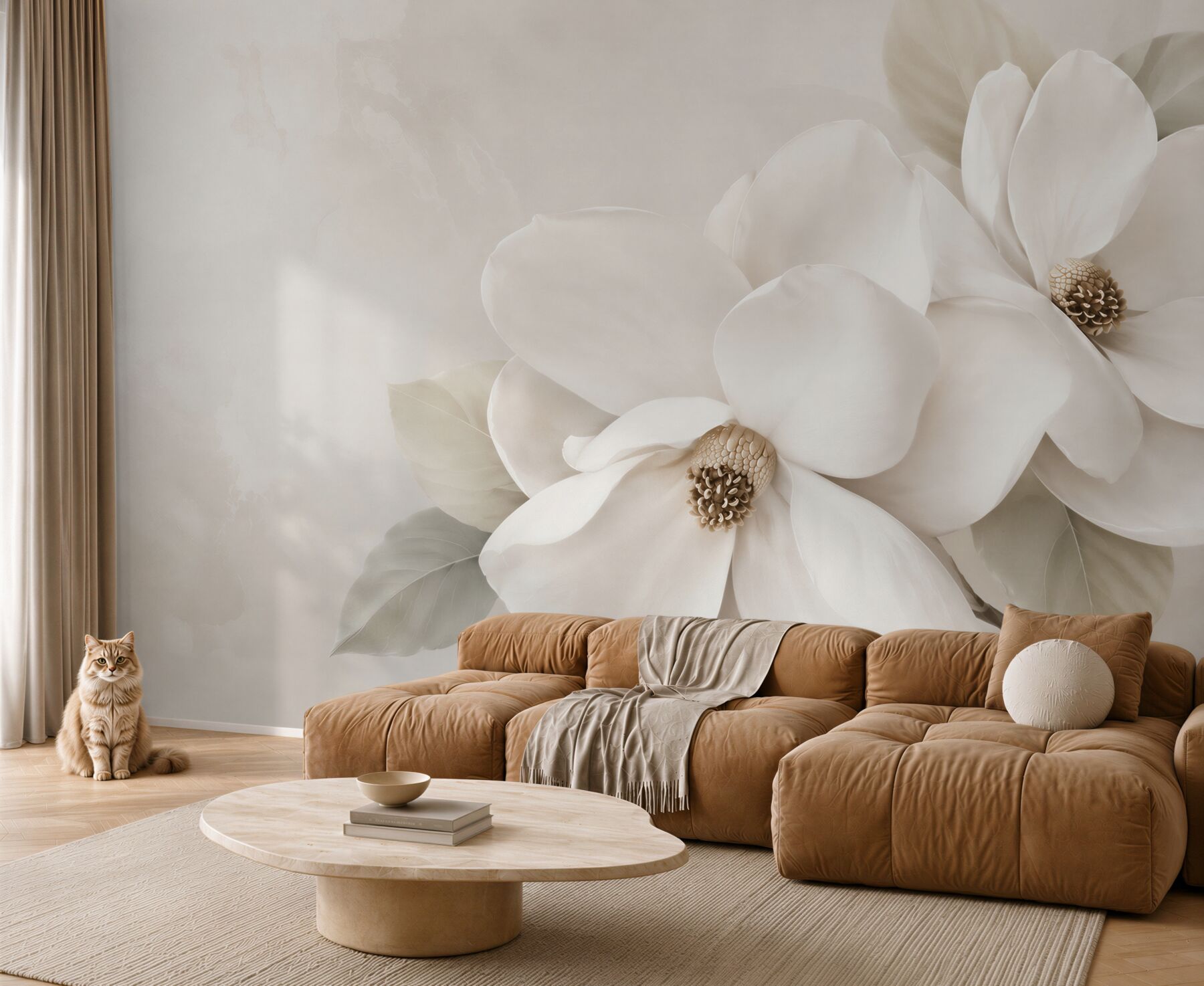 Fototapeta białe magnolie na beżowym tle elegancka do salonu?v23