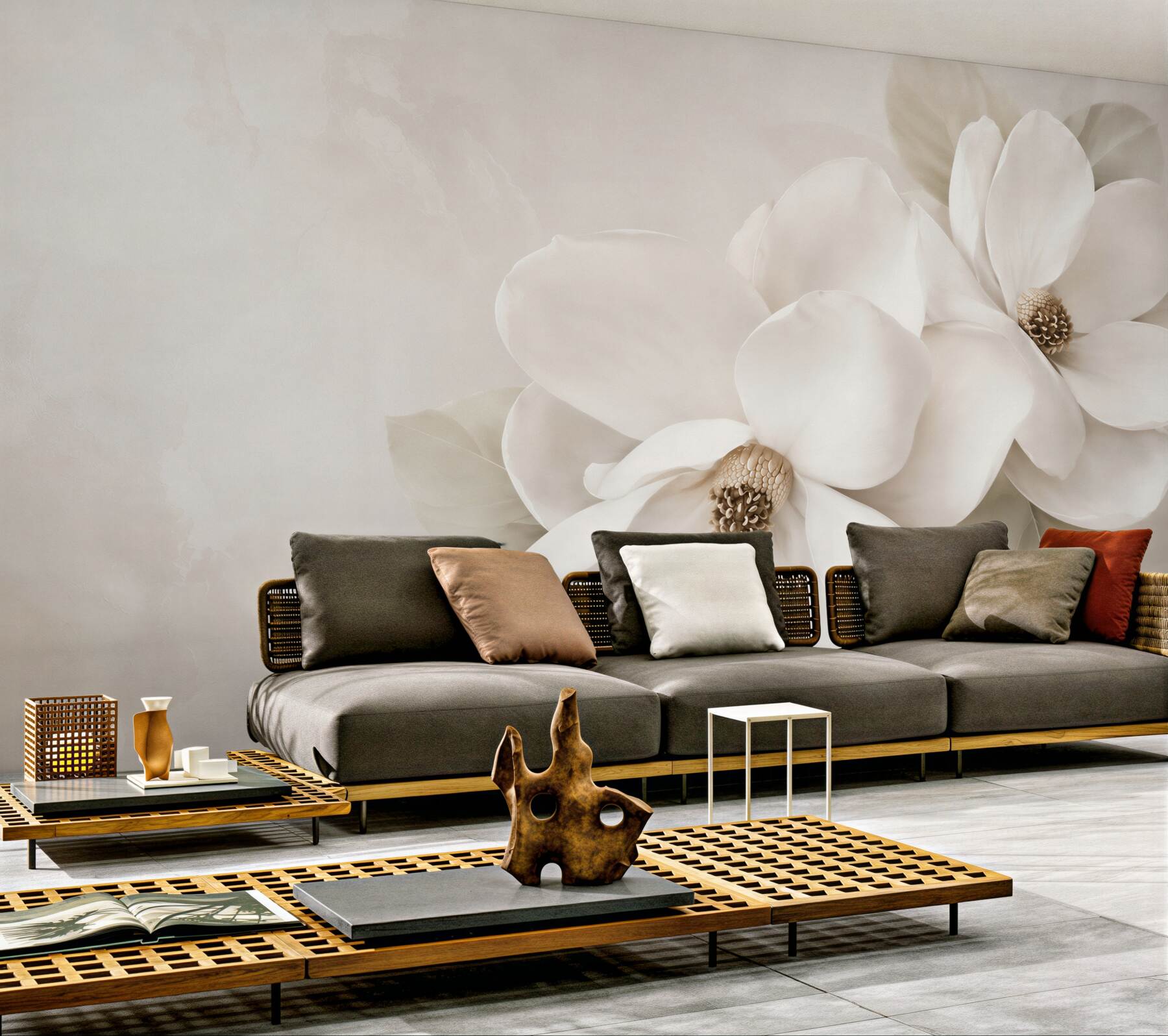 Fototapeta białe magnolie na beżowym tle elegancka do salonu?v23