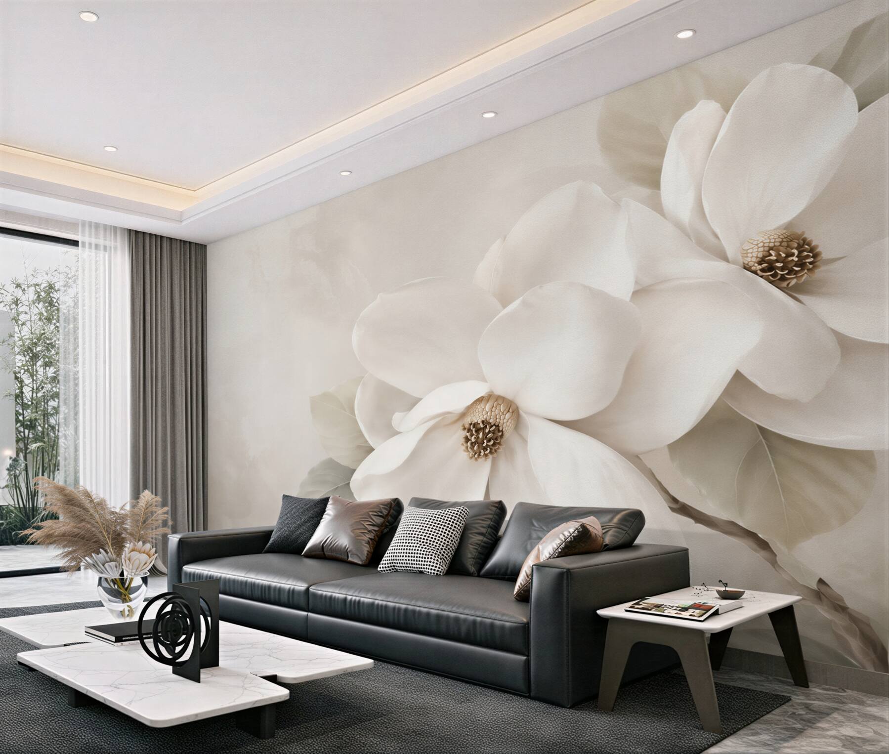 Fototapeta białe magnolie na beżowym tle elegancka do salonu?v23