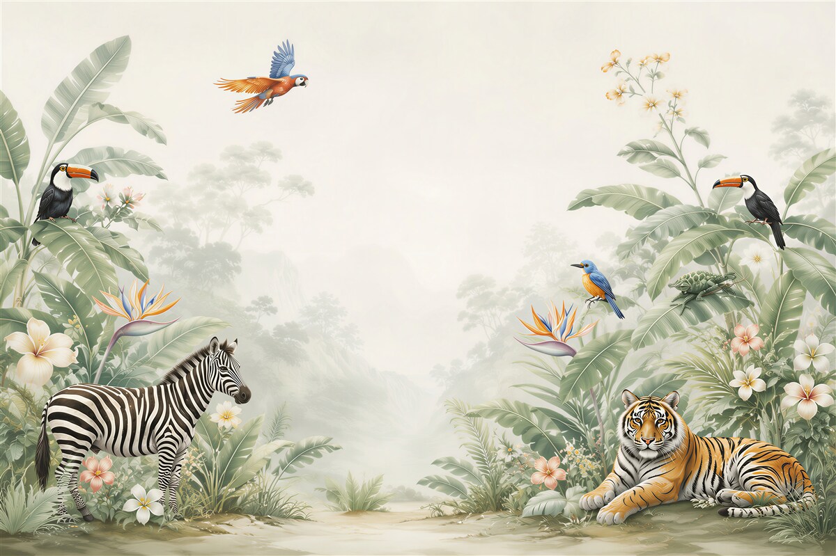 Fototapeta dżungla ze zwierzętami zebra tygrys i tukany pastelowa