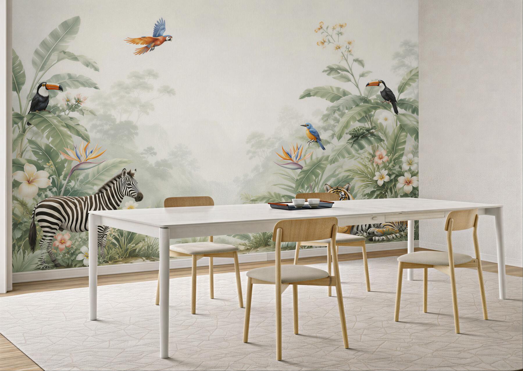 Fototapeta dżungla ze zwierzętami zebra tygrys i tukany pastelowa?v23