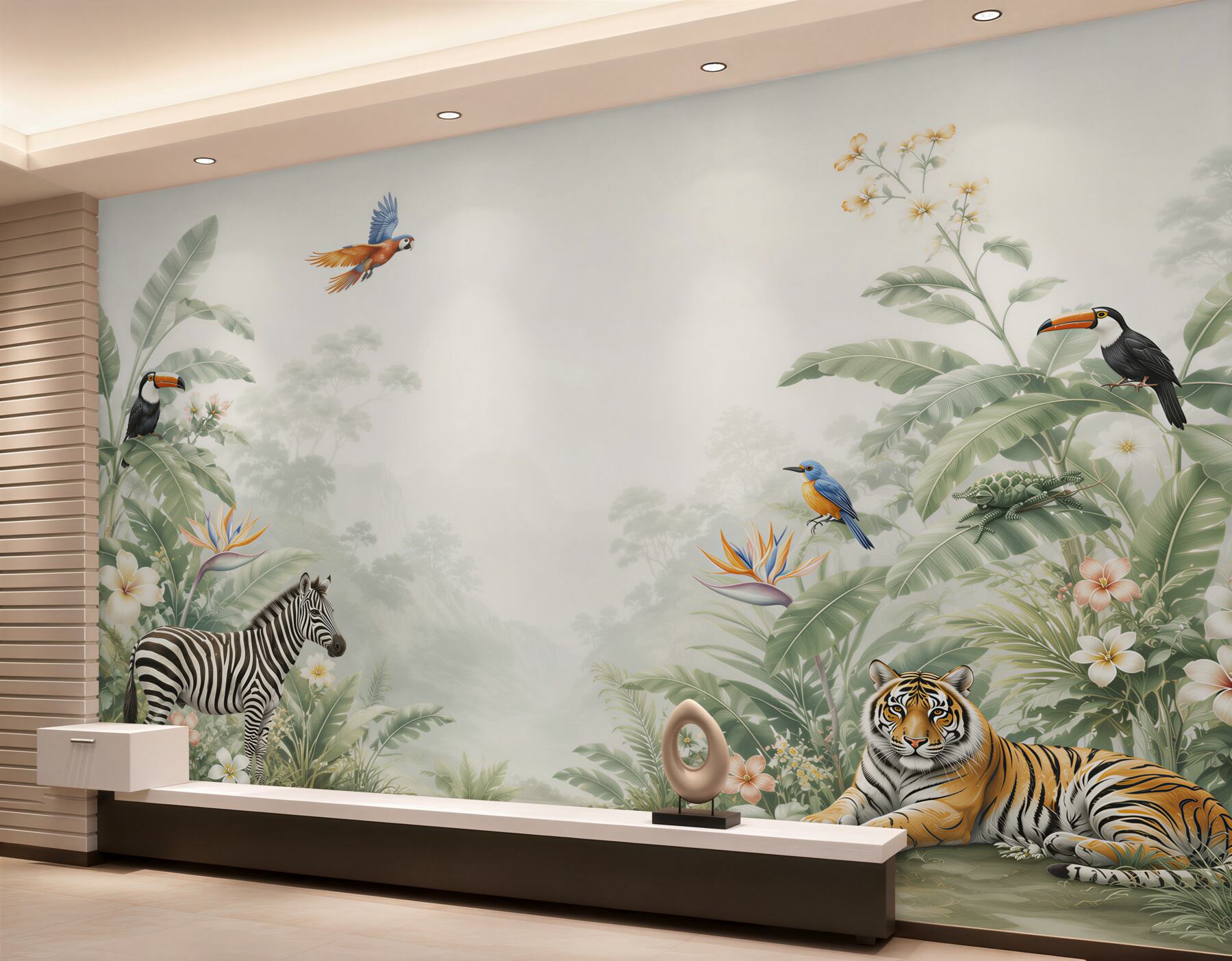 Fototapeta dżungla ze zwierzętami zebra tygrys i tukany pastelowa?v23