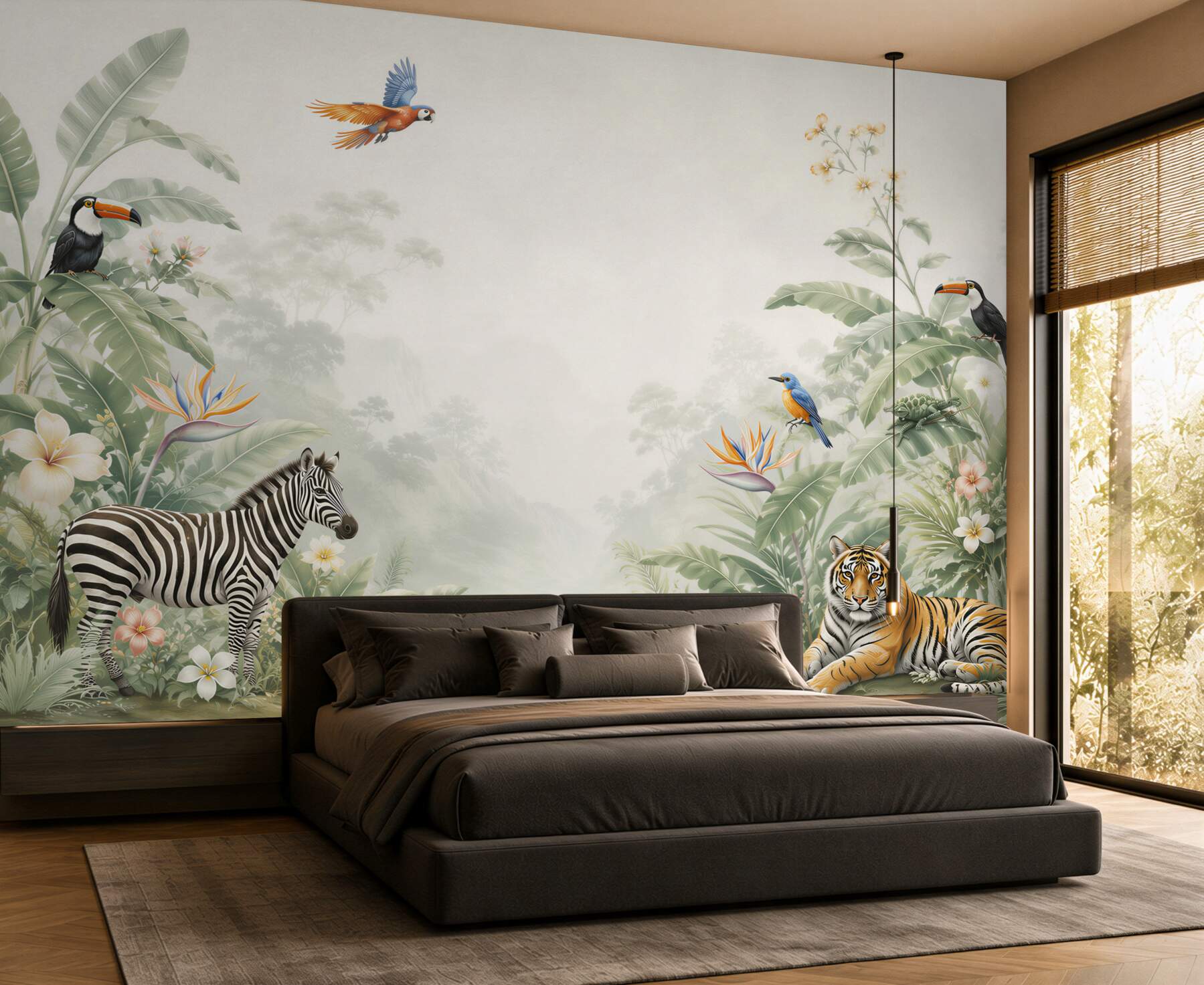 Fototapeta dżungla ze zwierzętami zebra tygrys i tukany pastelowa?v23