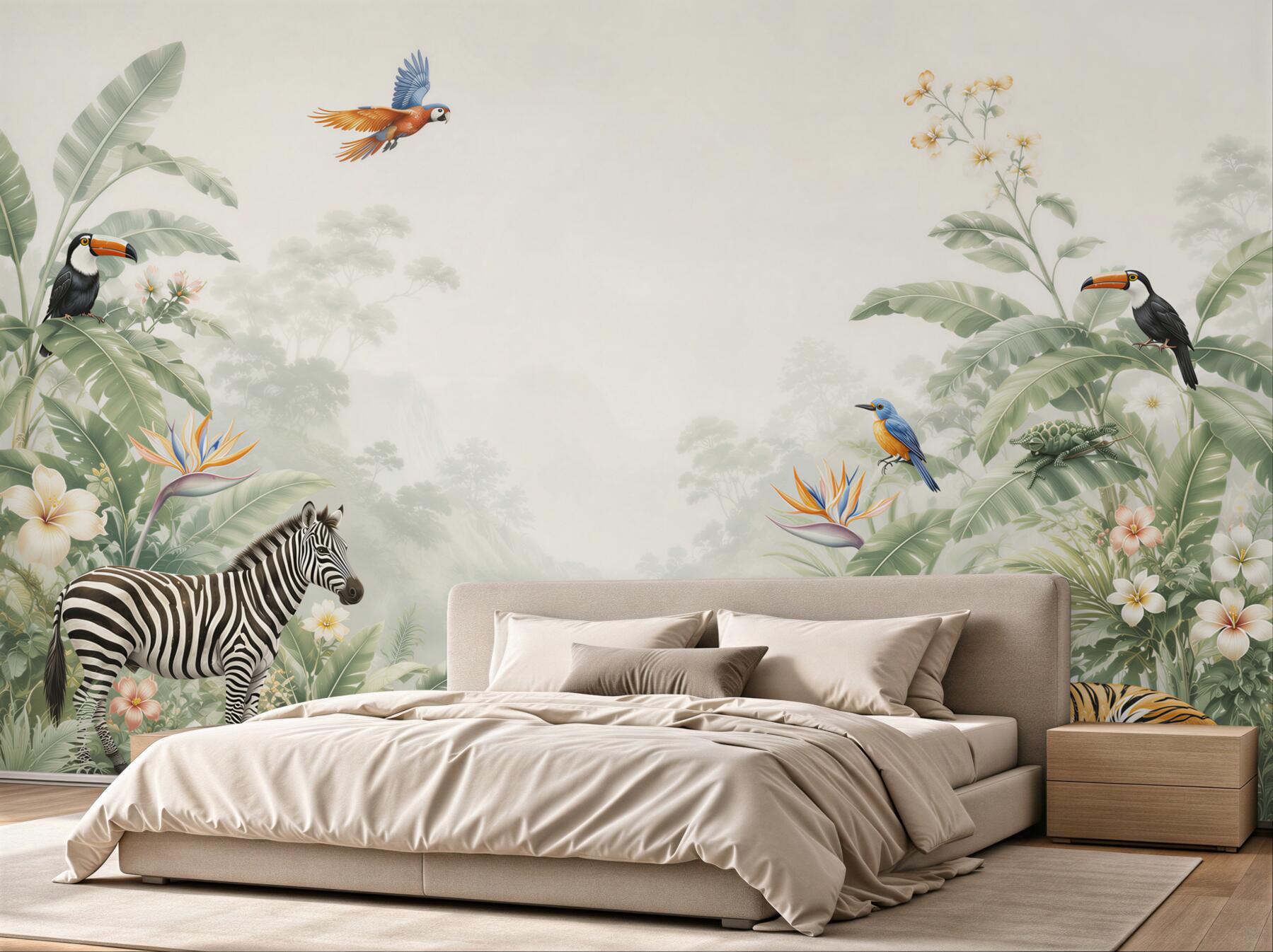 Fototapeta dżungla ze zwierzętami zebra tygrys i tukany pastelowa?v23