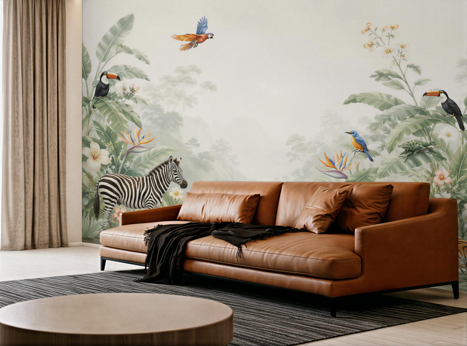 Fototapeta dżungla ze zwierzętami zebra tygrys i tukany pastelowa?v23