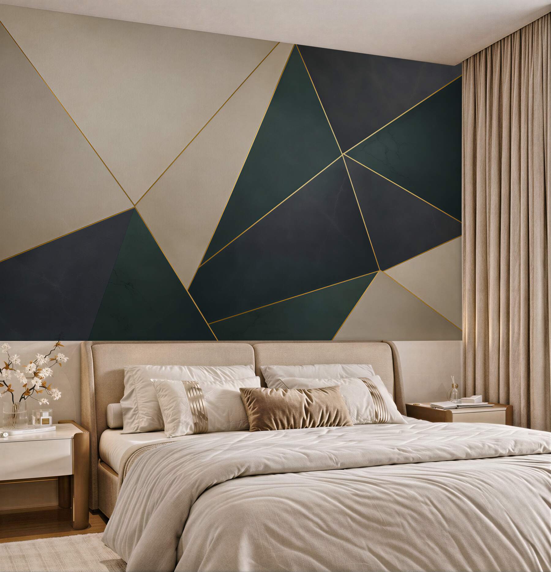 Fototapeta geometryczna abstrakcja zielono grafitowa ze złotymi liniami?v23