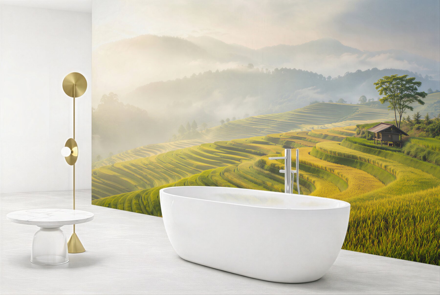 Fototapeta tarasy ryżowe we mgle o wschodzie słońca?v23