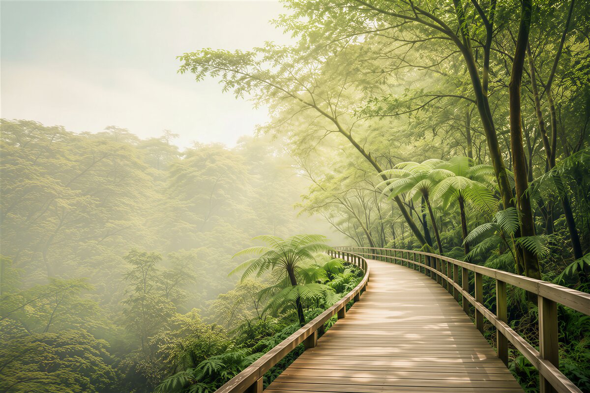 Fototapeta leśna kładka w tropikalnej mgle zielona natura
