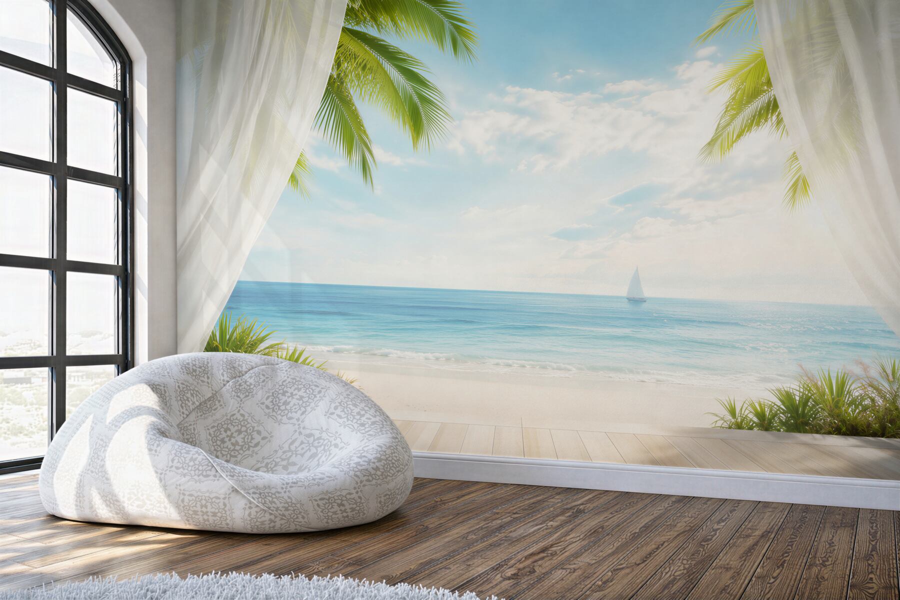 Fototapeta tropikalna plaża z palmami i widokiem na błękitne morze?v23