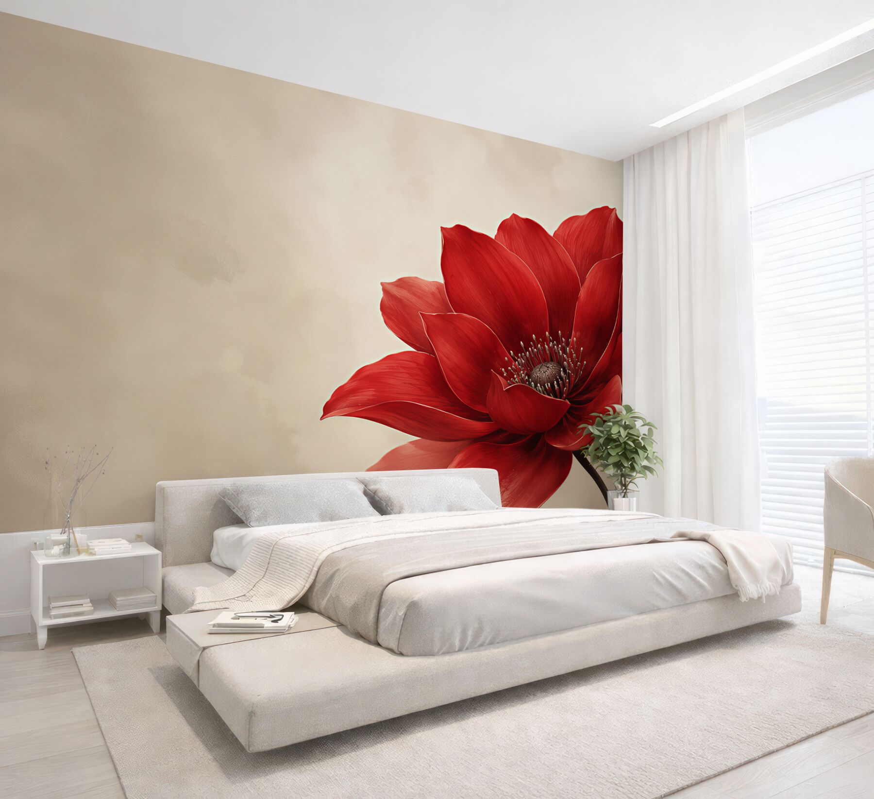 Fototapeta czerwony kwiat na beżowym tle elegancka do salonu?v23