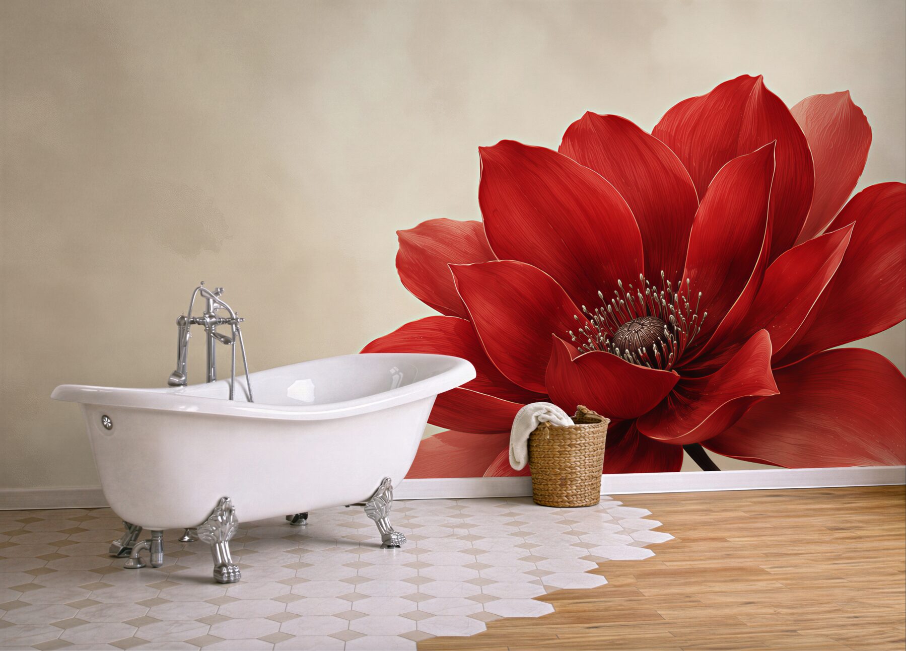 Fototapeta czerwony kwiat na beżowym tle elegancka do salonu?v23