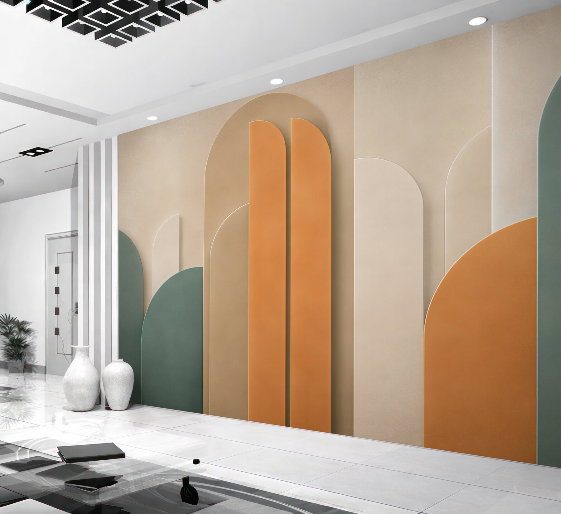 Fototapeta geometryczne łuki beżowo zielone w stylu art déco?v23