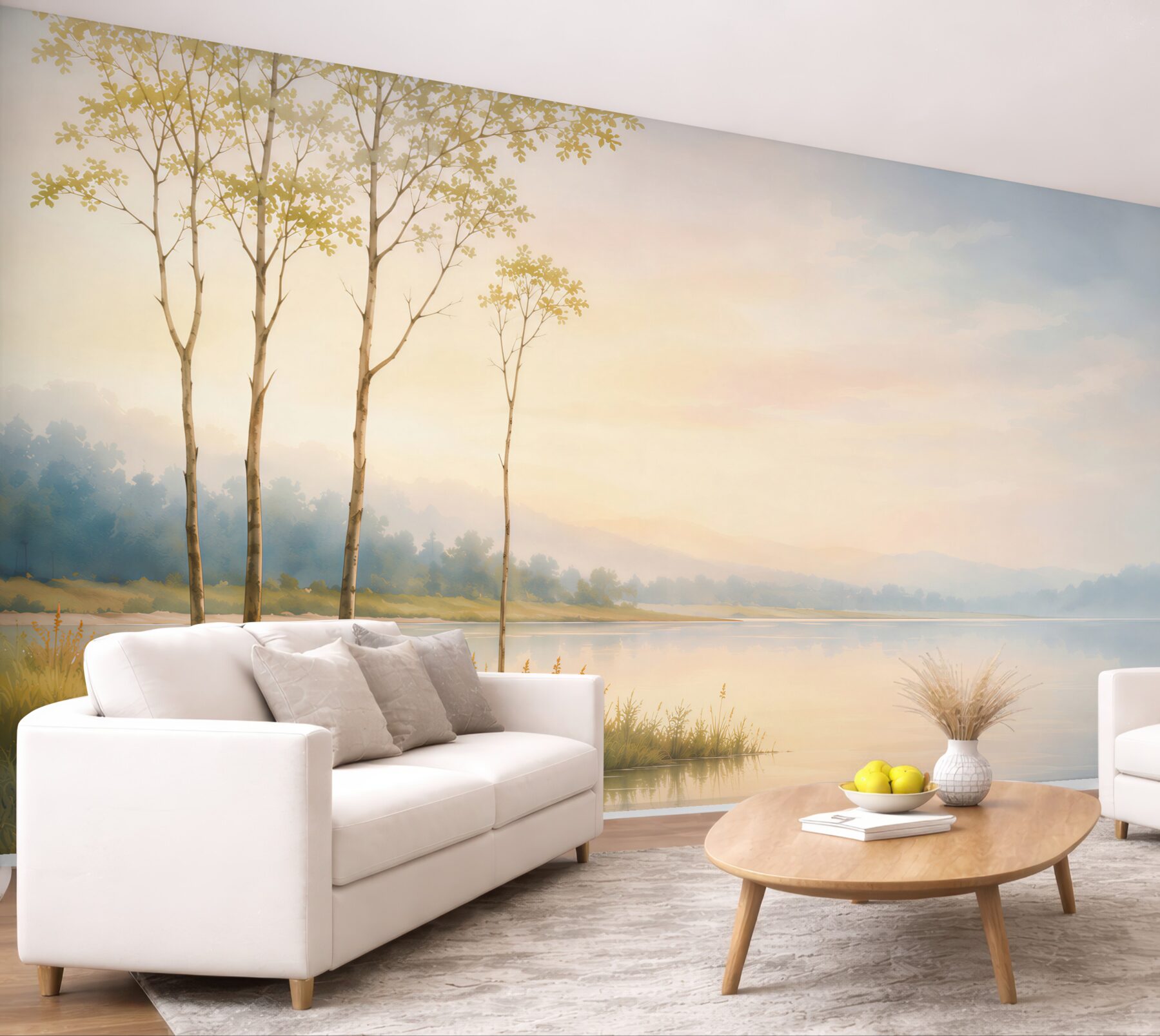 Fototapeta spokojny krajobraz jeziora z drzewami w pastelowych barwach?v23
