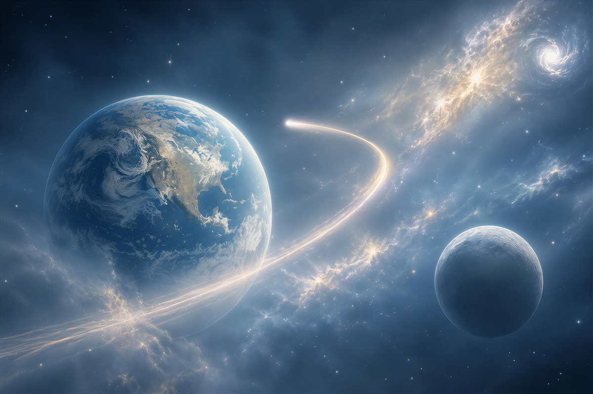 Fototapeta kosmos z planetami i galaktyką w błękitnych odcieniach