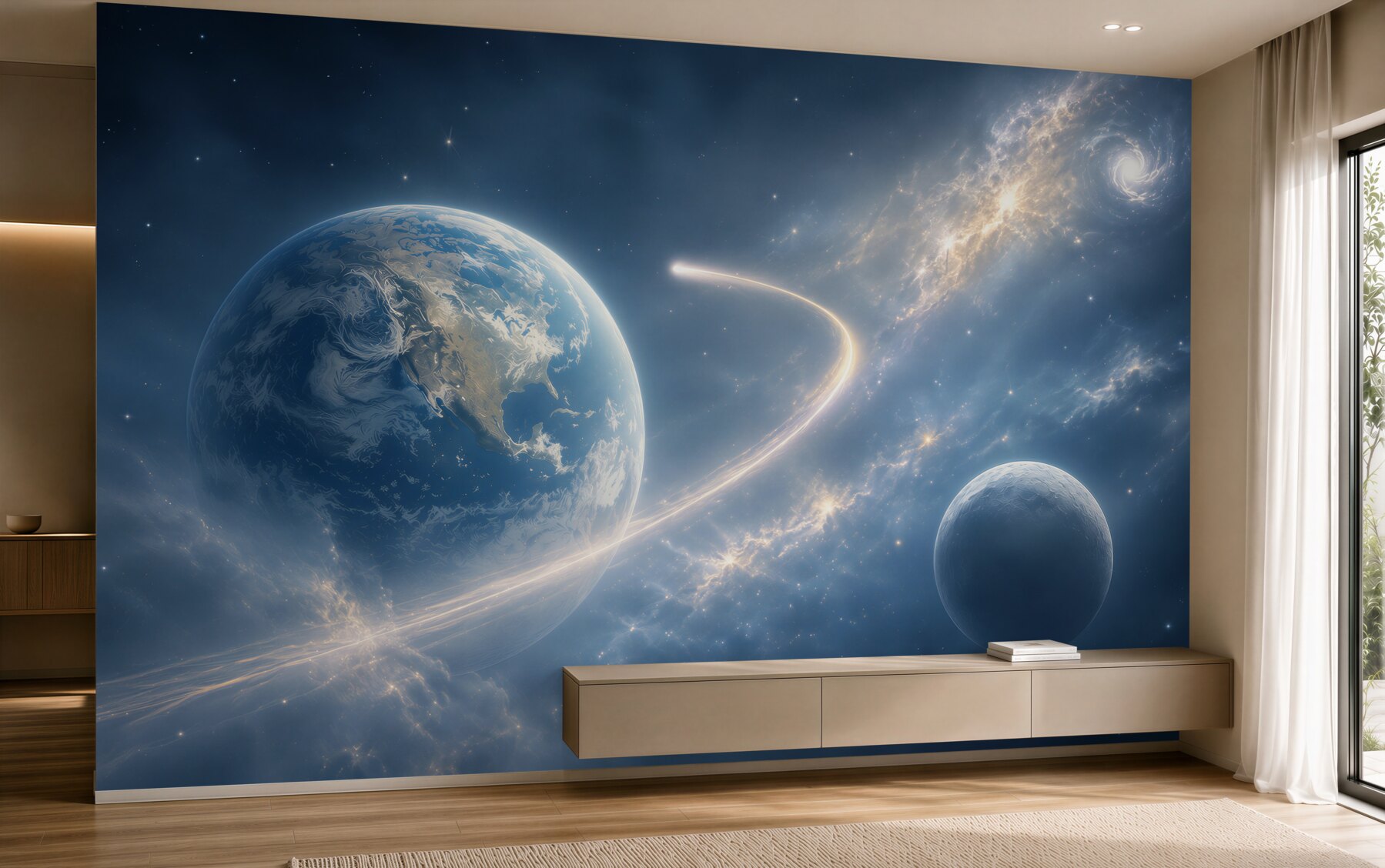 Fototapeta kosmos z planetami i galaktyką w błękitnych odcieniach?v23