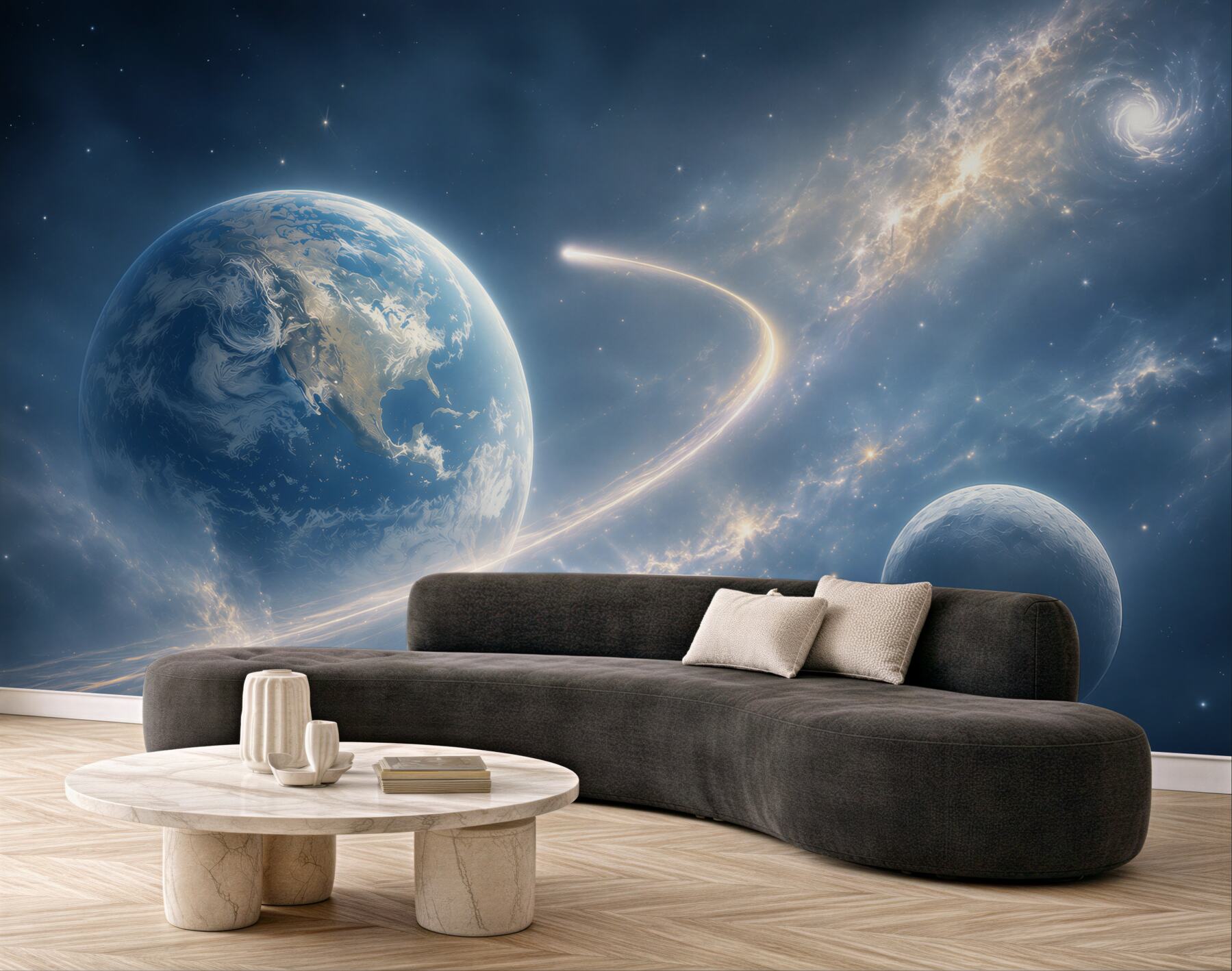 Fototapeta kosmos z planetami i galaktyką w błękitnych odcieniach?v23