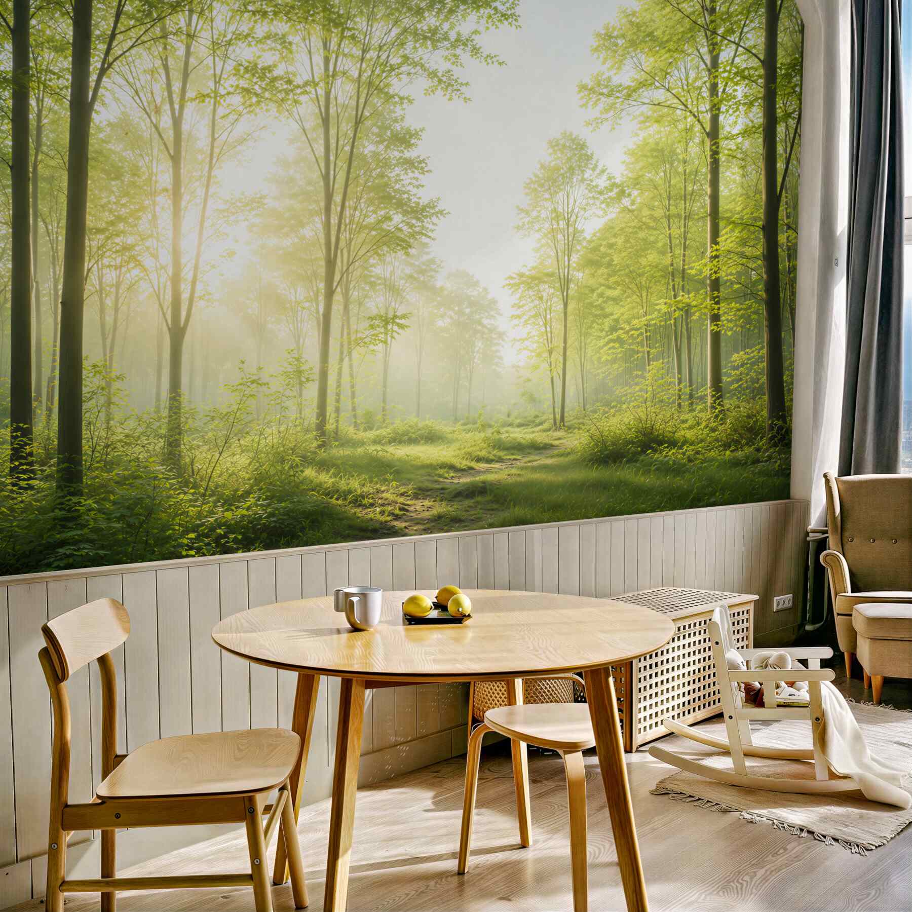 Fototapeta słoneczny las zielony z poranną mgłą i leśną ścieżką?v23