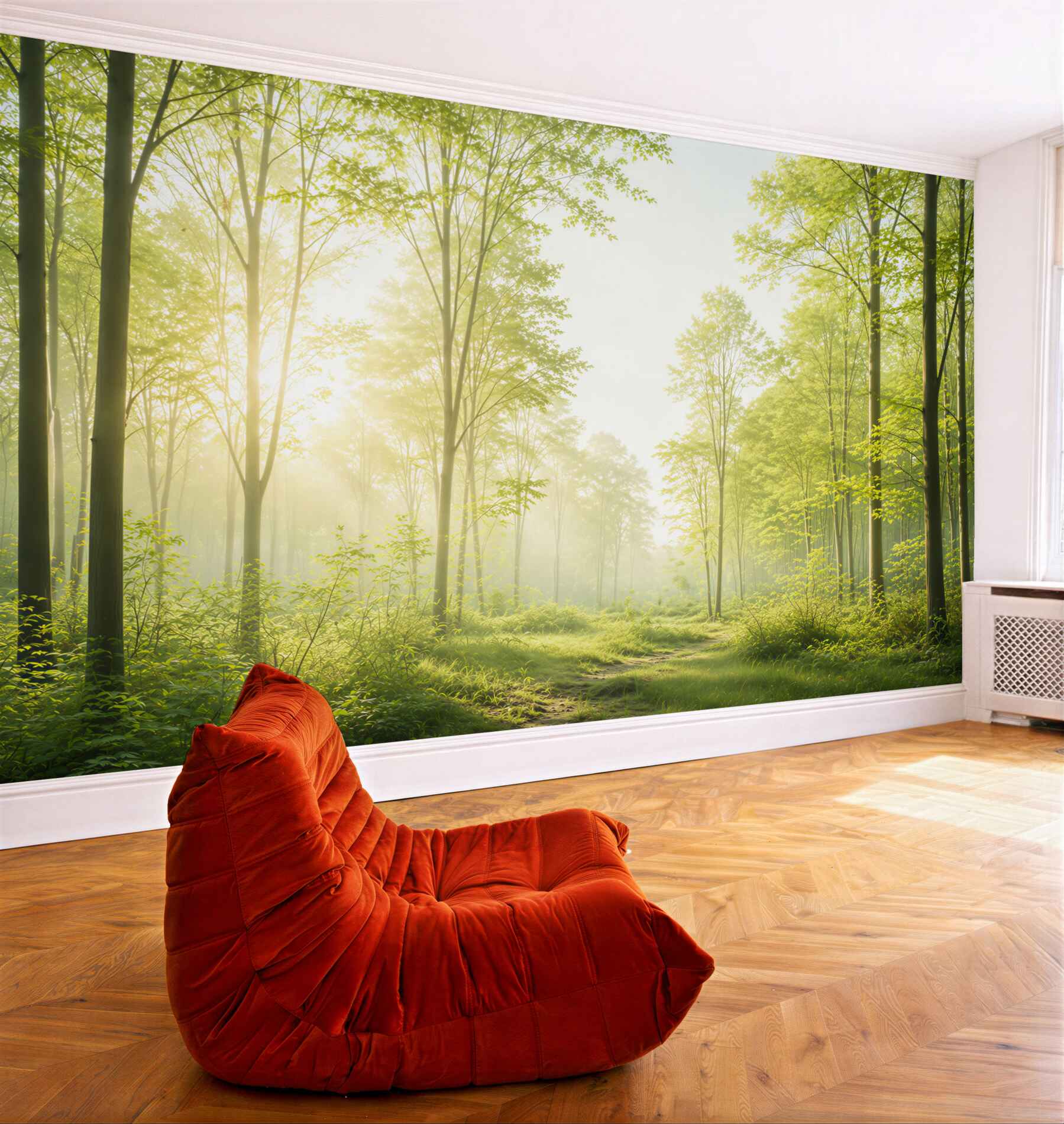 Fototapeta słoneczny las zielony z poranną mgłą i leśną ścieżką?v23