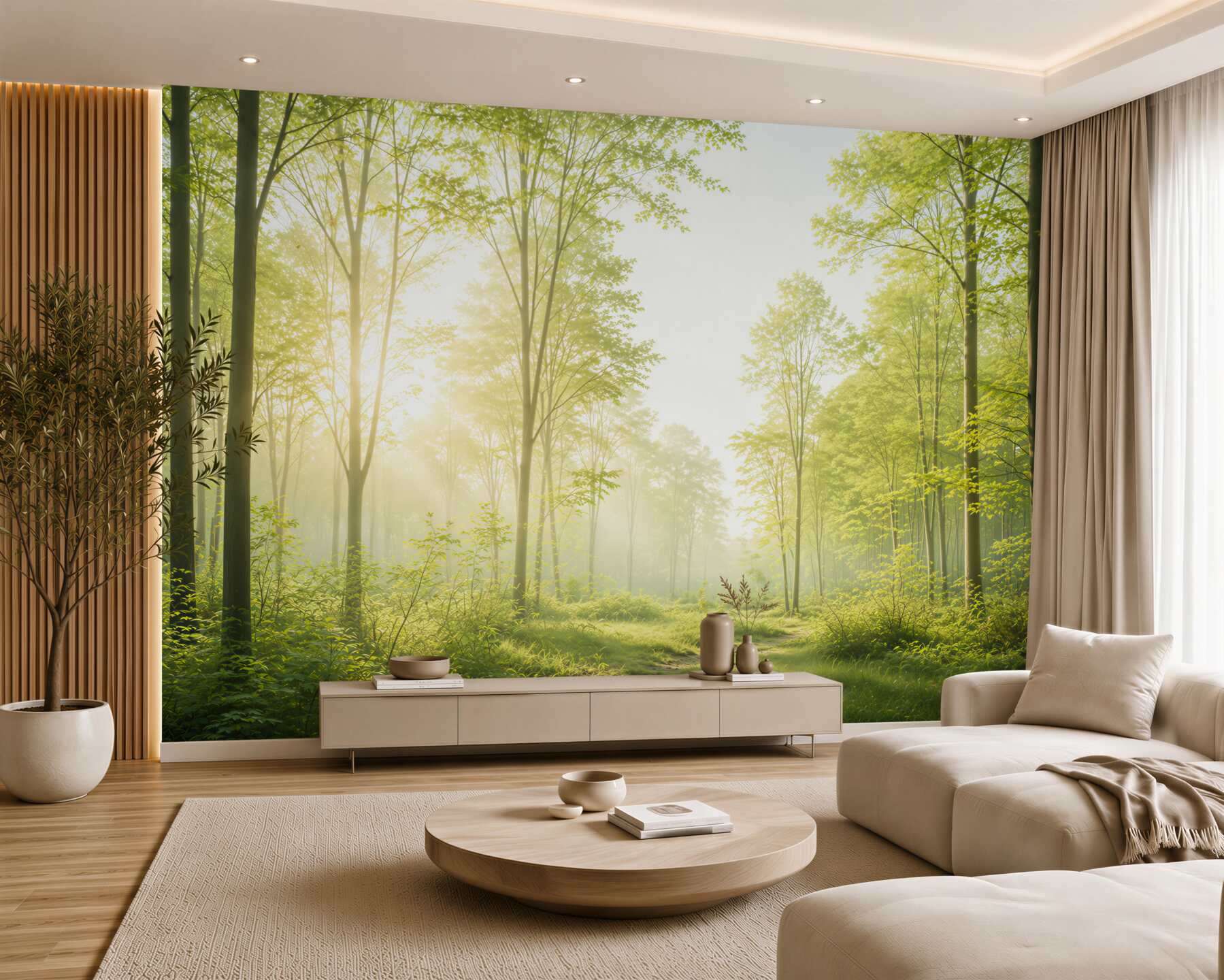 Fototapeta słoneczny las zielony z poranną mgłą i leśną ścieżką?v23