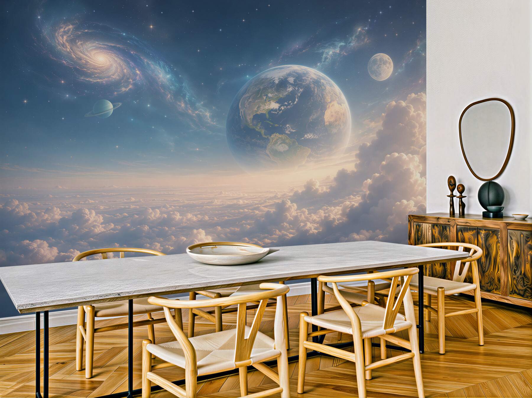 Fototapeta planety i galaktyka nad chmurami w pastelowym niebie?v23