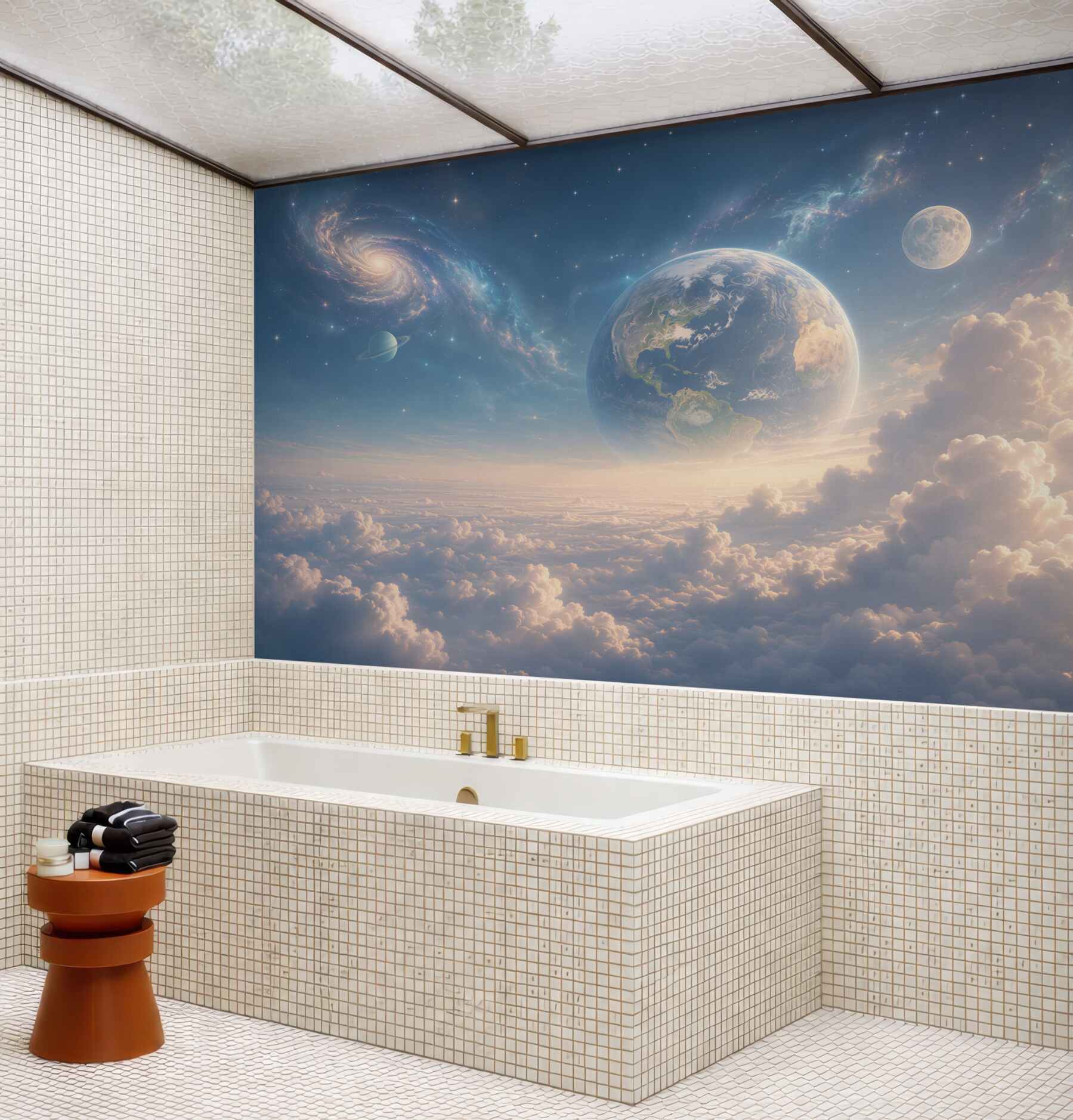 Fototapeta planety i galaktyka nad chmurami w pastelowym niebie?v23