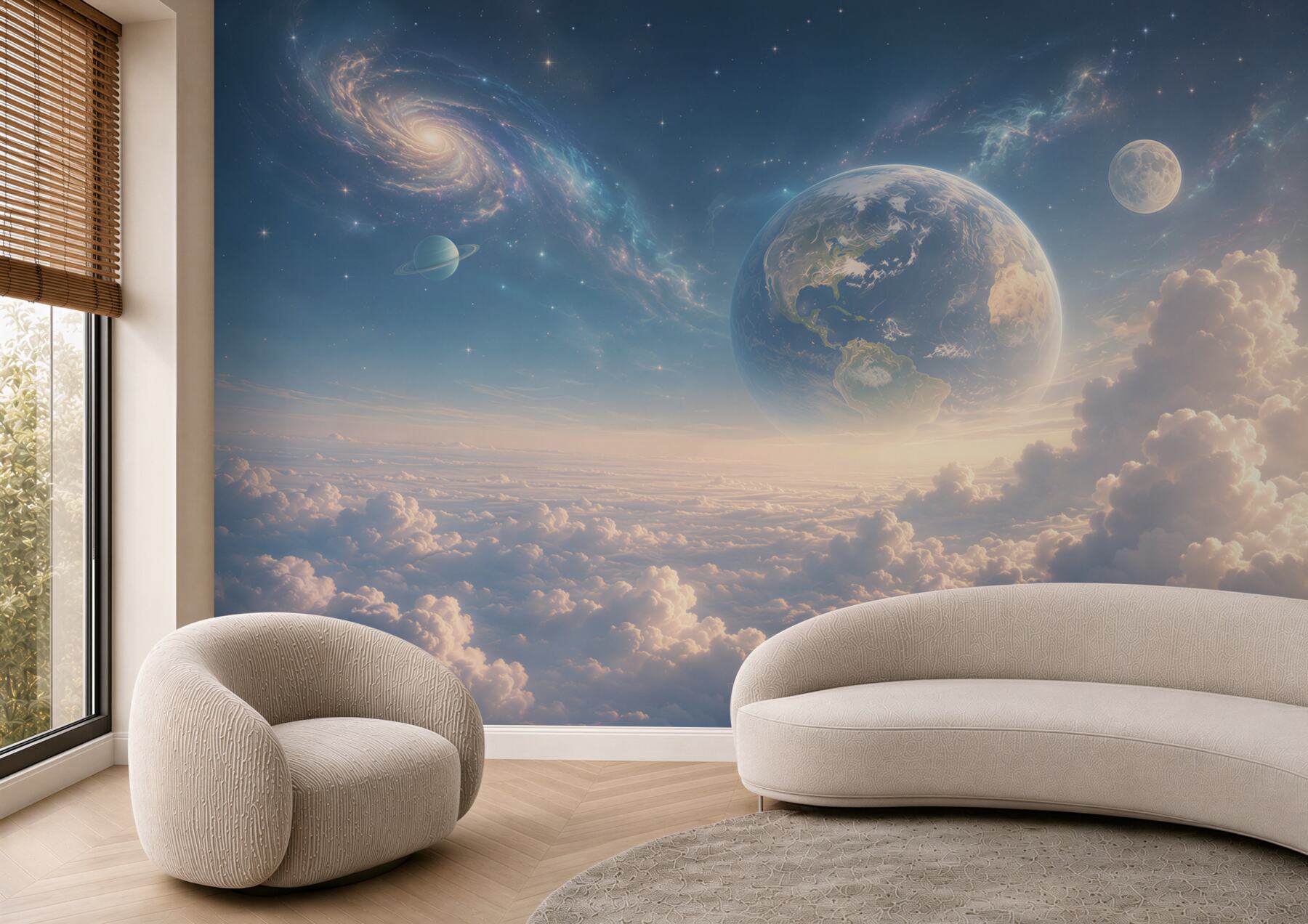 Fototapeta planety i galaktyka nad chmurami w pastelowym niebie?v23