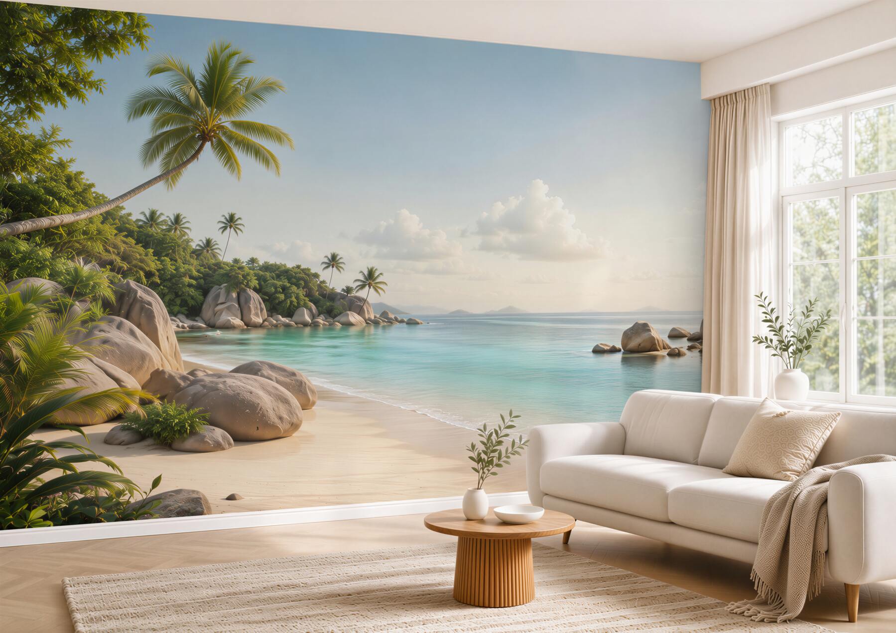 Fototapeta tropikalna plaża z palmami i turkusowym morzem słoneczna?v23