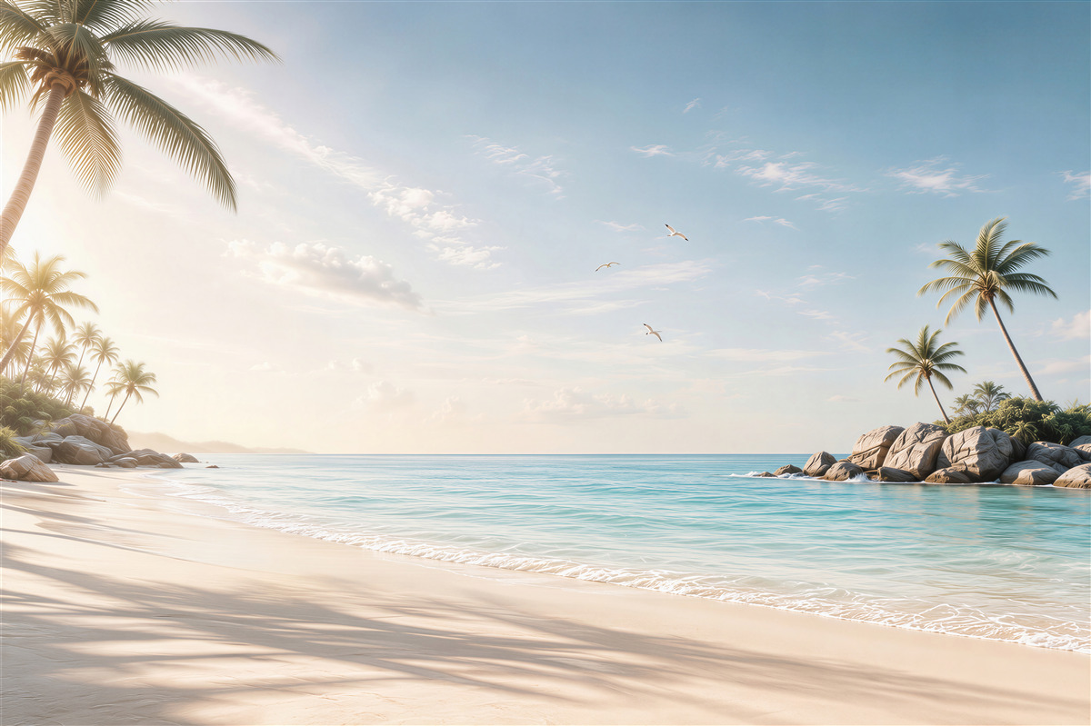 Fototapeta rajska plaża z palmami i spokojnym morzem o wschodzie słońca