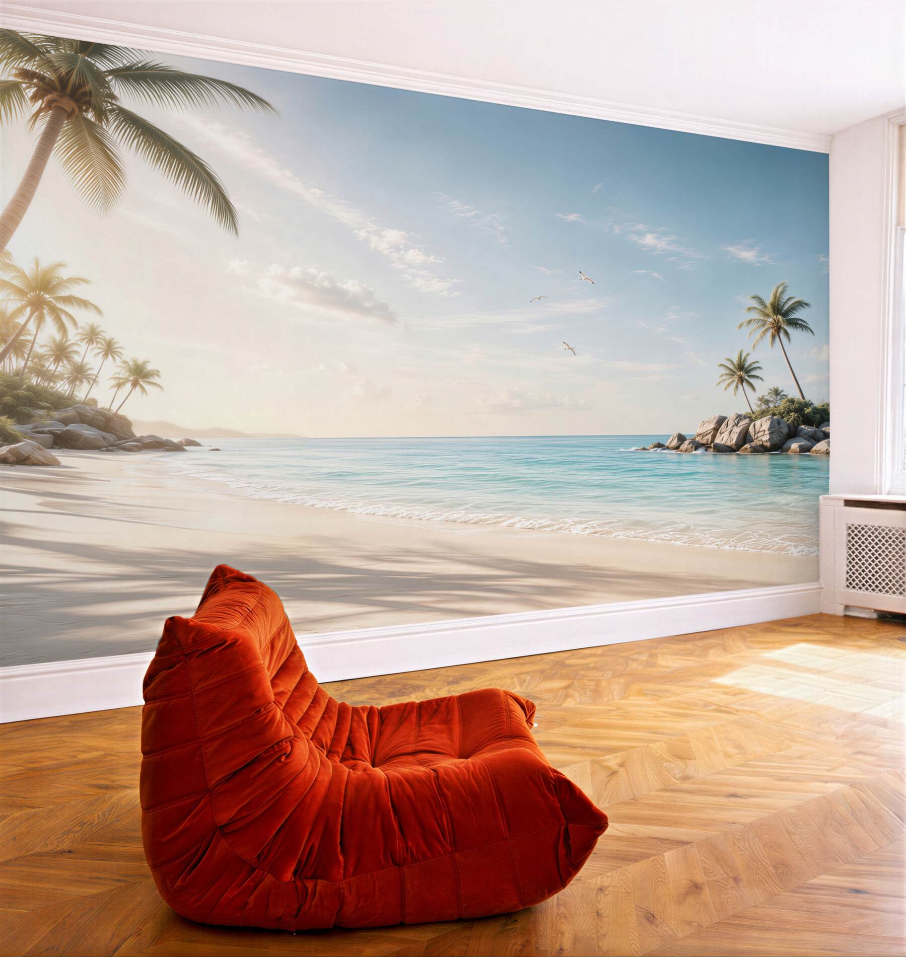 Fototapeta rajska plaża z palmami i spokojnym morzem o wschodzie słońca?v23