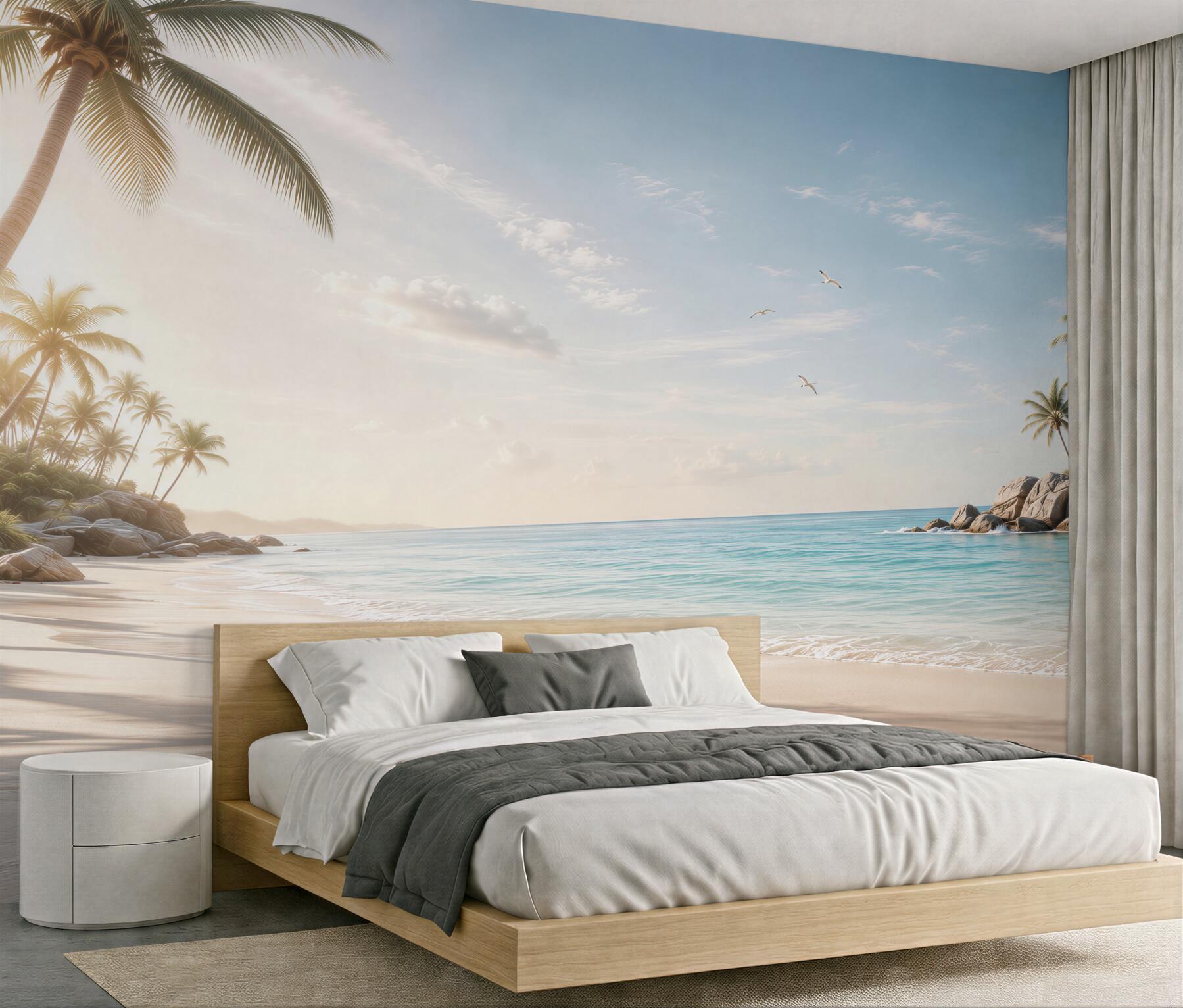 Fototapeta rajska plaża z palmami i spokojnym morzem o wschodzie słońca?v23