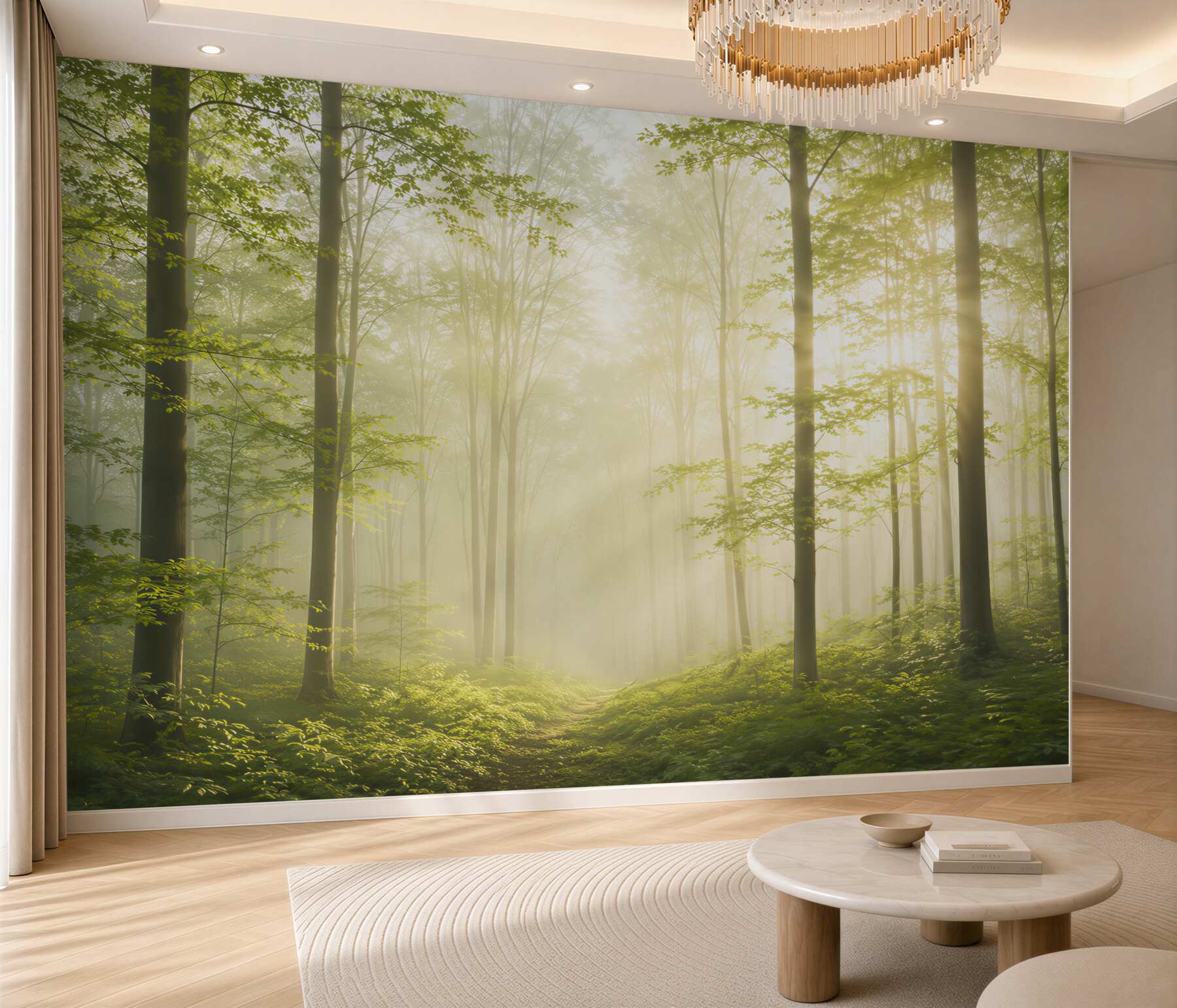 Fototapeta leśna mgła ze słonecznymi promieniami w zielonym lesie?v23