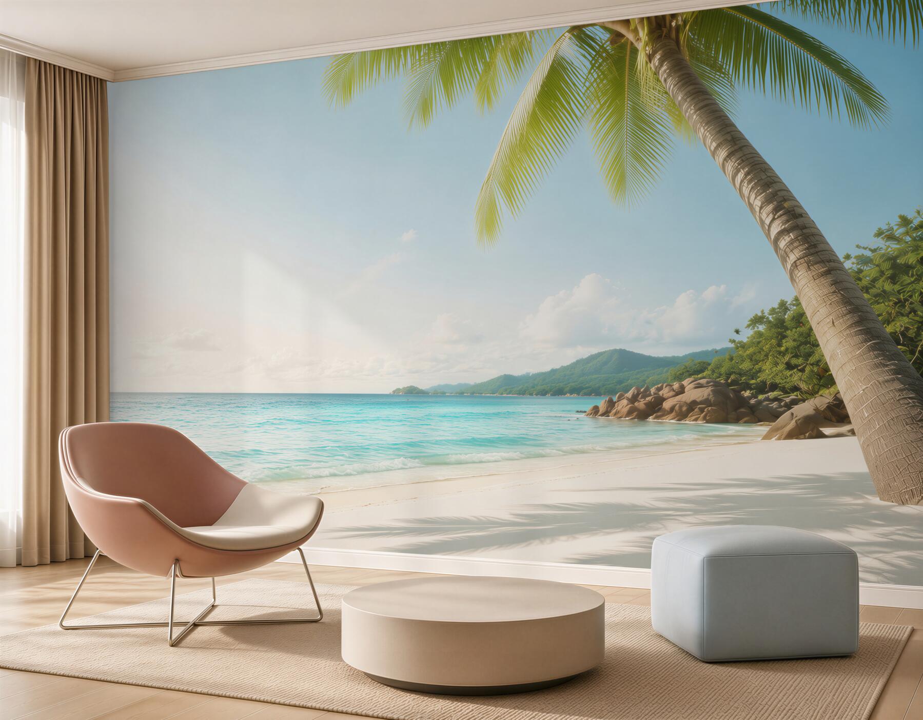 Fototapeta tropikalna plaża z palmą i turkusowym morzem relaksująca?v23